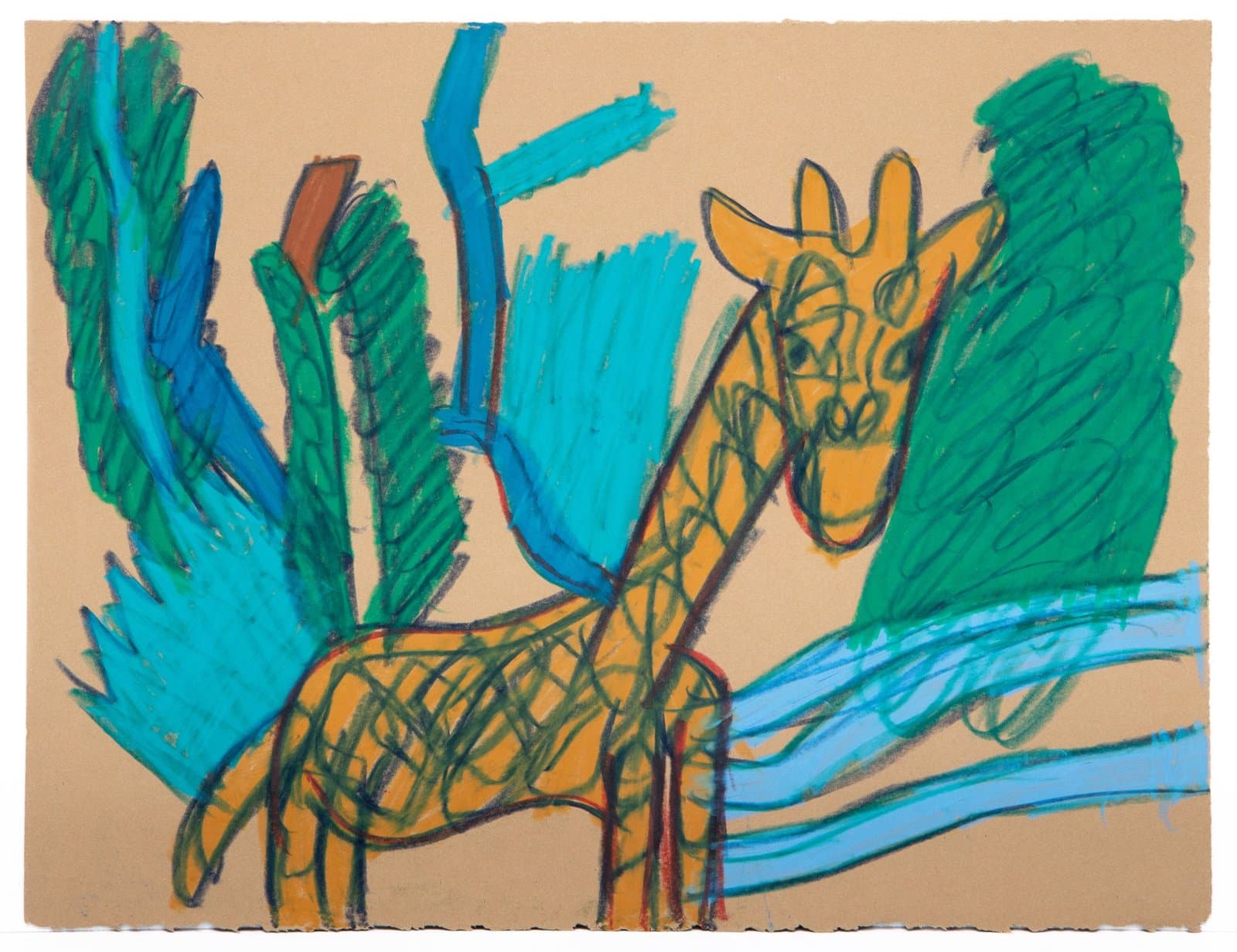 Drawing of a yellow giraffe with colorful wings in pastel on tan paper, featuring blue and green wing forms.