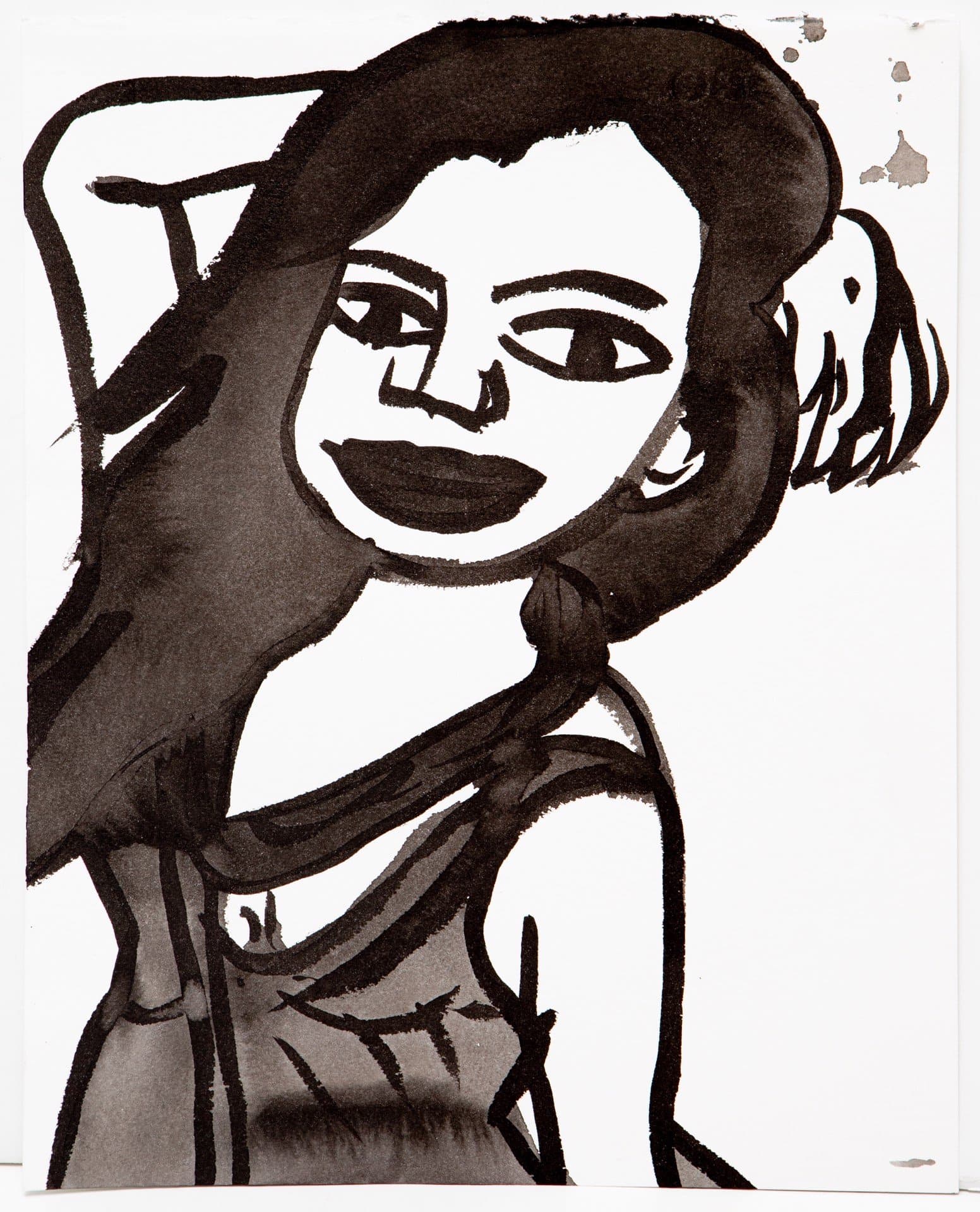 Ink portrait of a figure with dark hair and clothing, executed in expressive brushstrokes on white paper