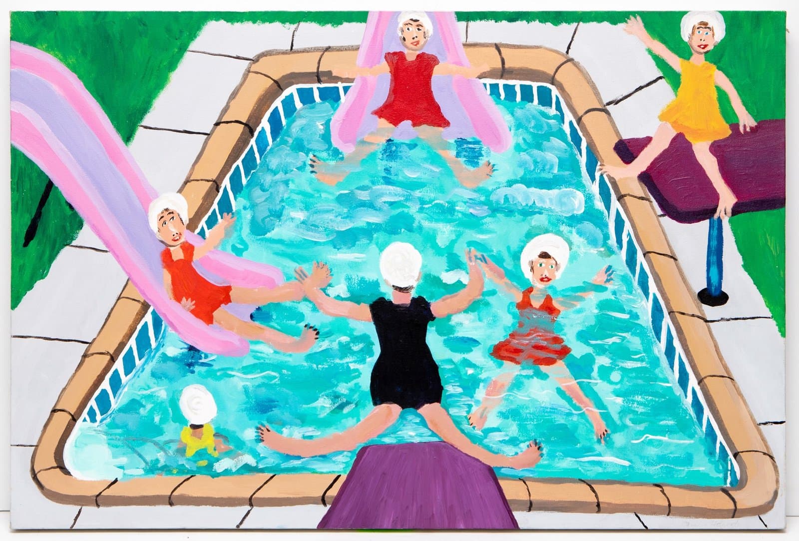Acrylic painting of figures in and around a swimming pool with a pink water slide, viewed from above on canvas.
