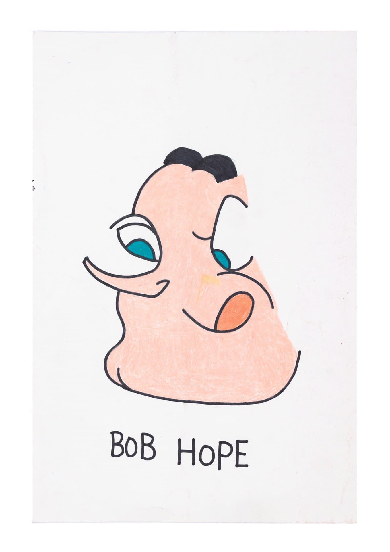 Drawing of cartoon character profile in colored pencil and ink with 'BOB HOPE' text below