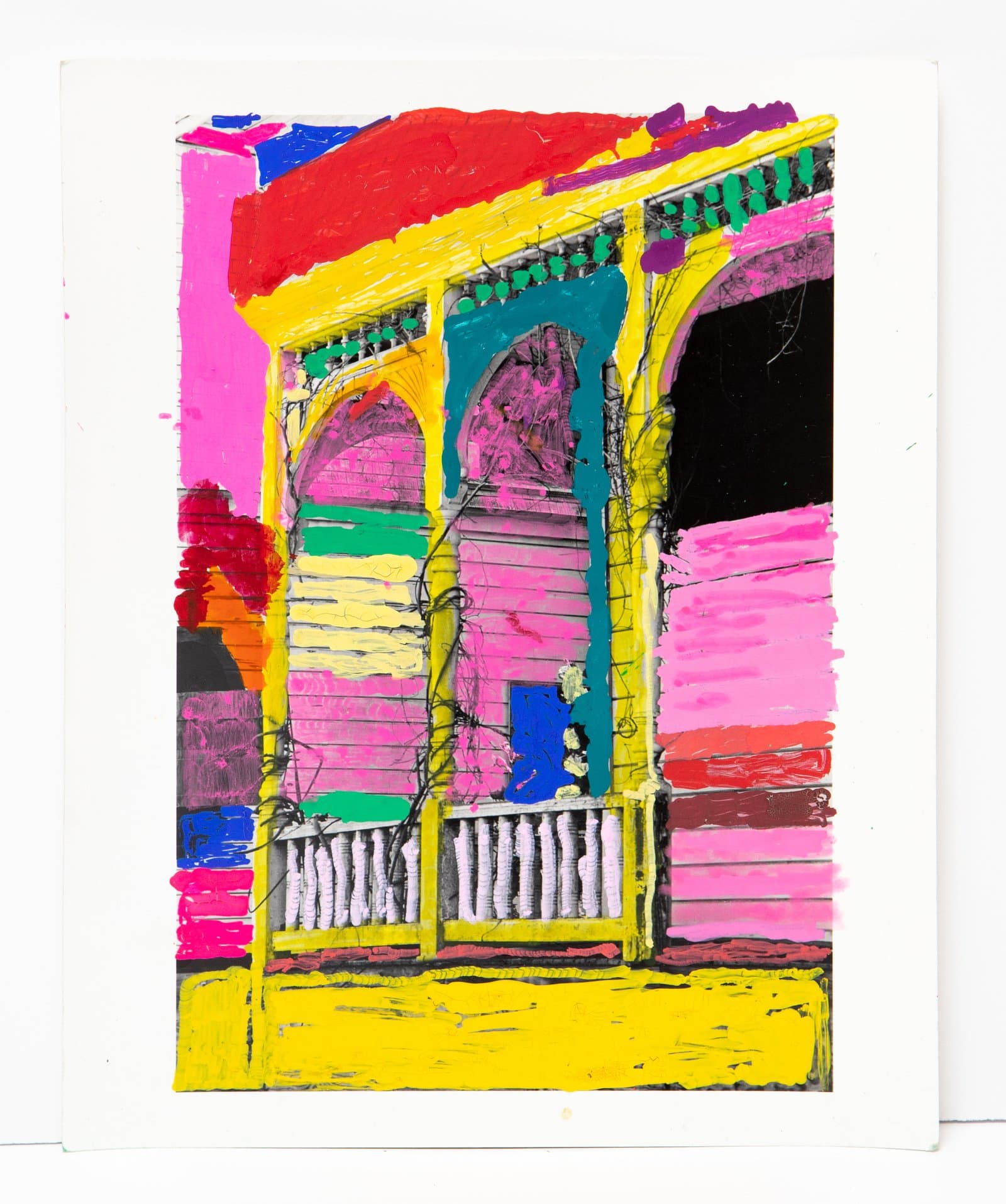 Mixed-media work of a Victorian porch facade with bold acrylic paint in yellow, magenta, red, teal, and green over a found photograph.
