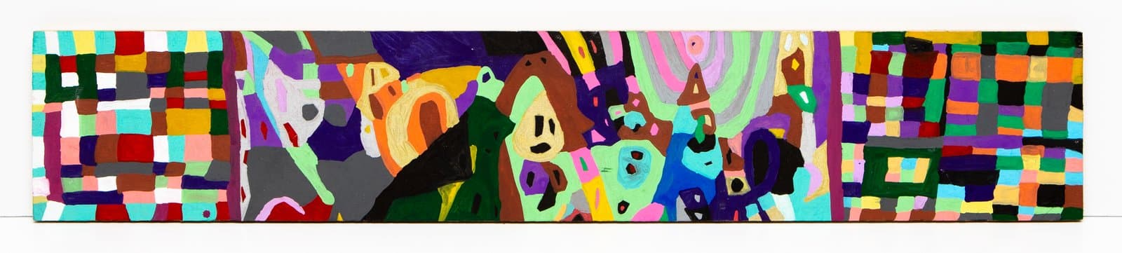 Horizontal rectangular painting with colorful patchwork grids on each end flanking a dense, curvilinear abstract center section.