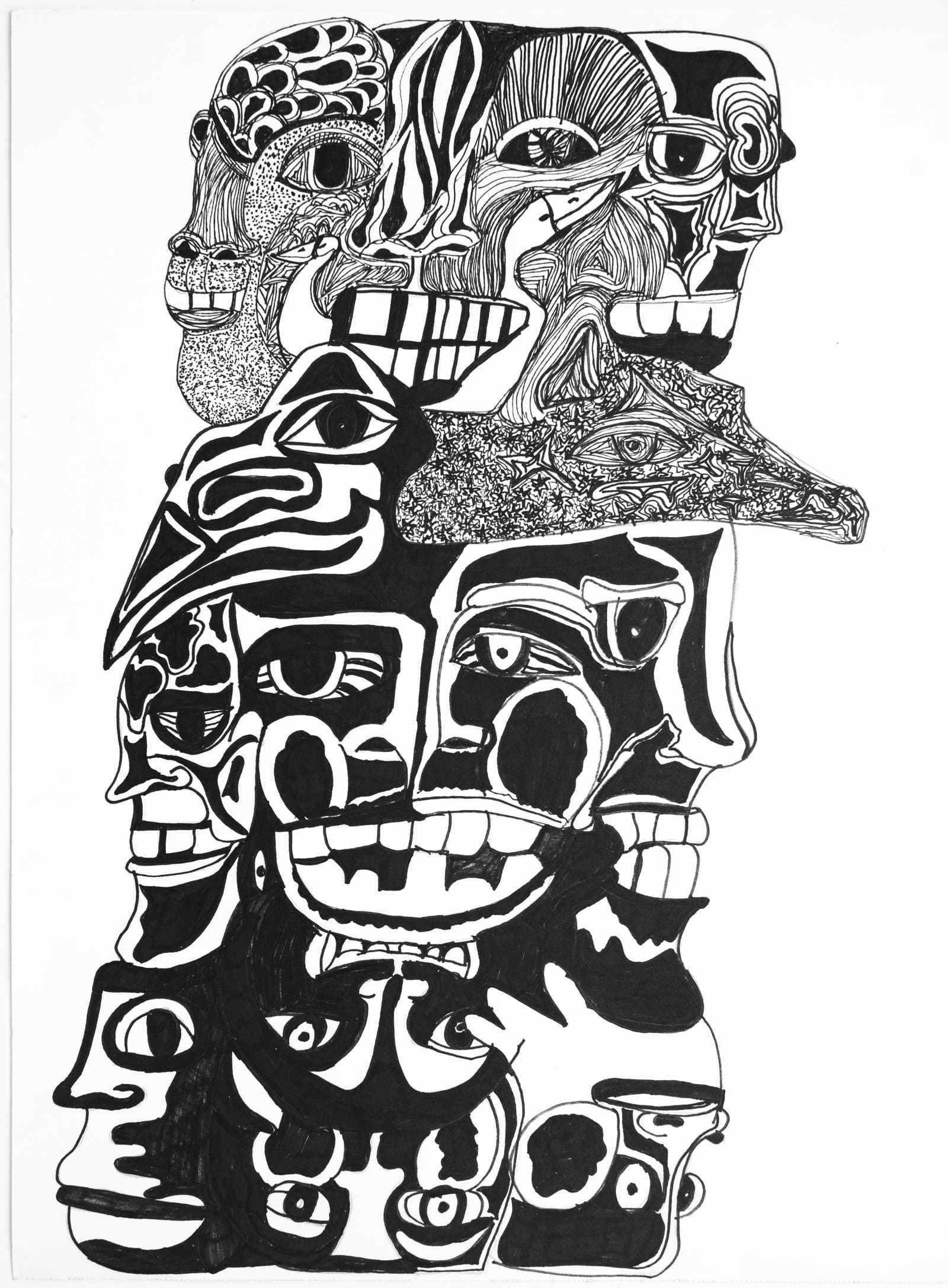 Black and white ink drawing of stacked, overlapping face-like forms with bold linework filling the vertical composition.
