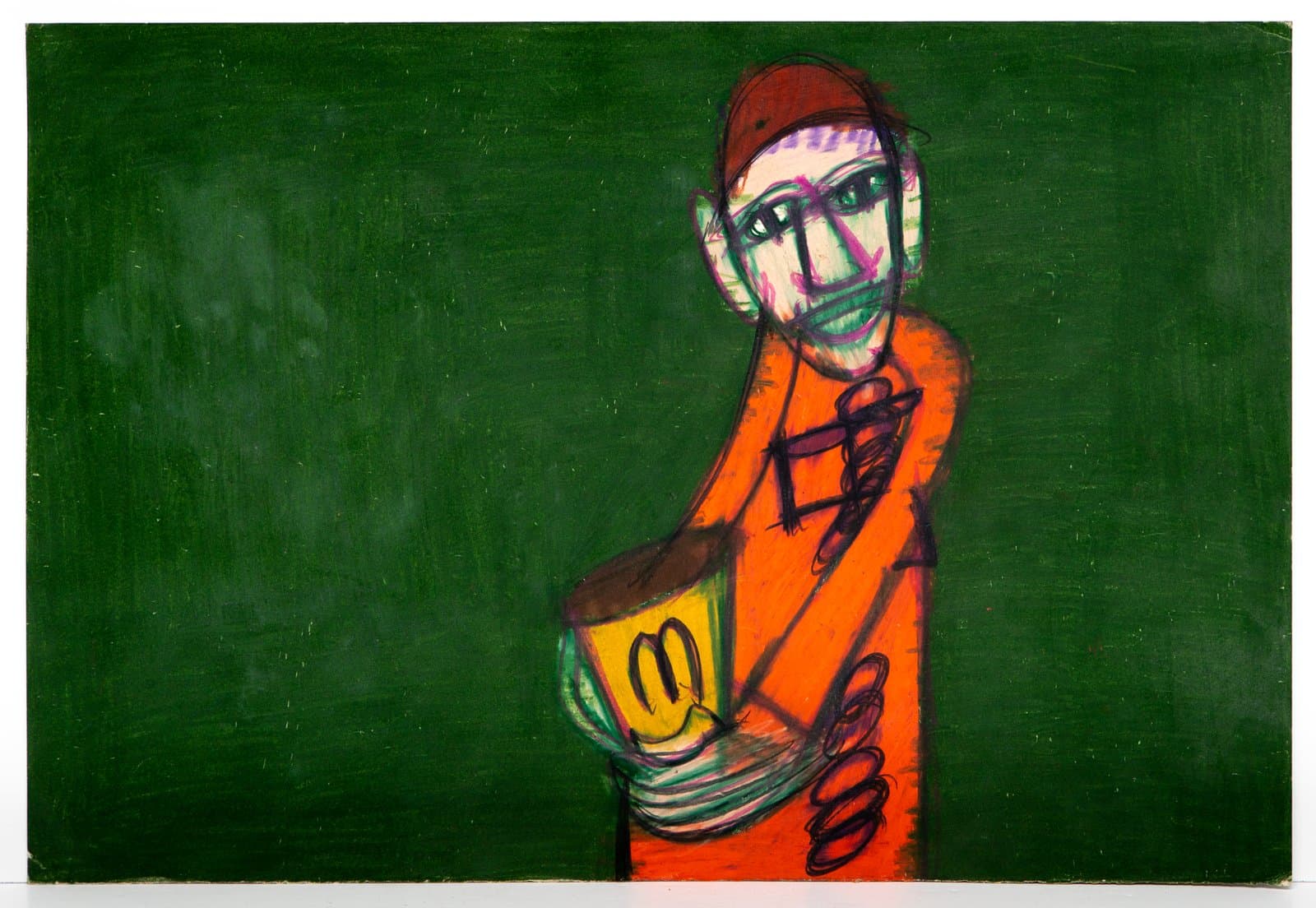 Pastel drawing of a figure in orange holding a McDonald's fries container against a deep green background.
