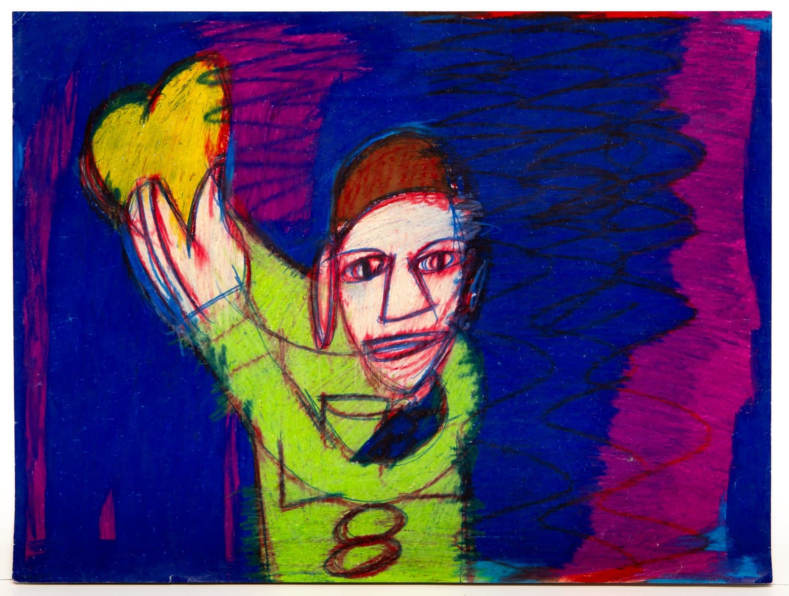 Pastel drawing of a figure in a green jersey numbered 8, raising one arm holding a yellow object, on a vivid blue background.