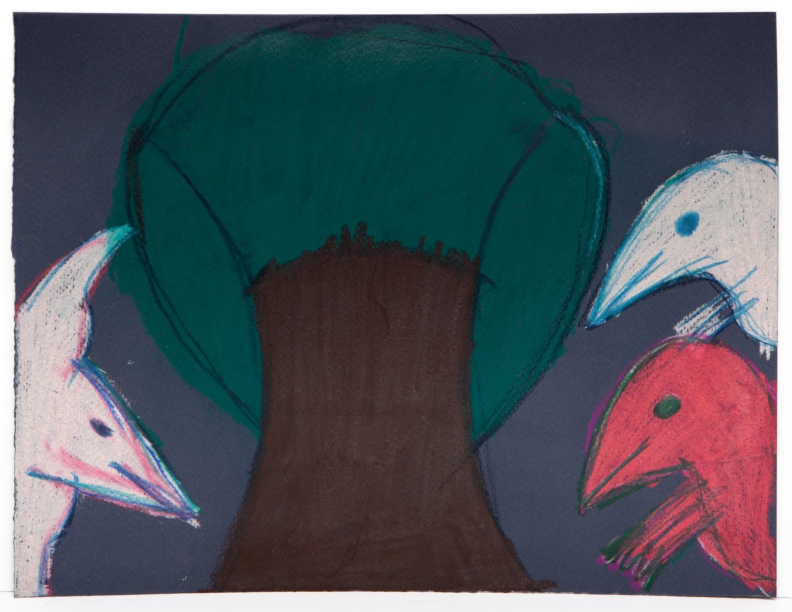 Pastel drawing of a large green tree flanked by three white and red birds on a gray-blue background.