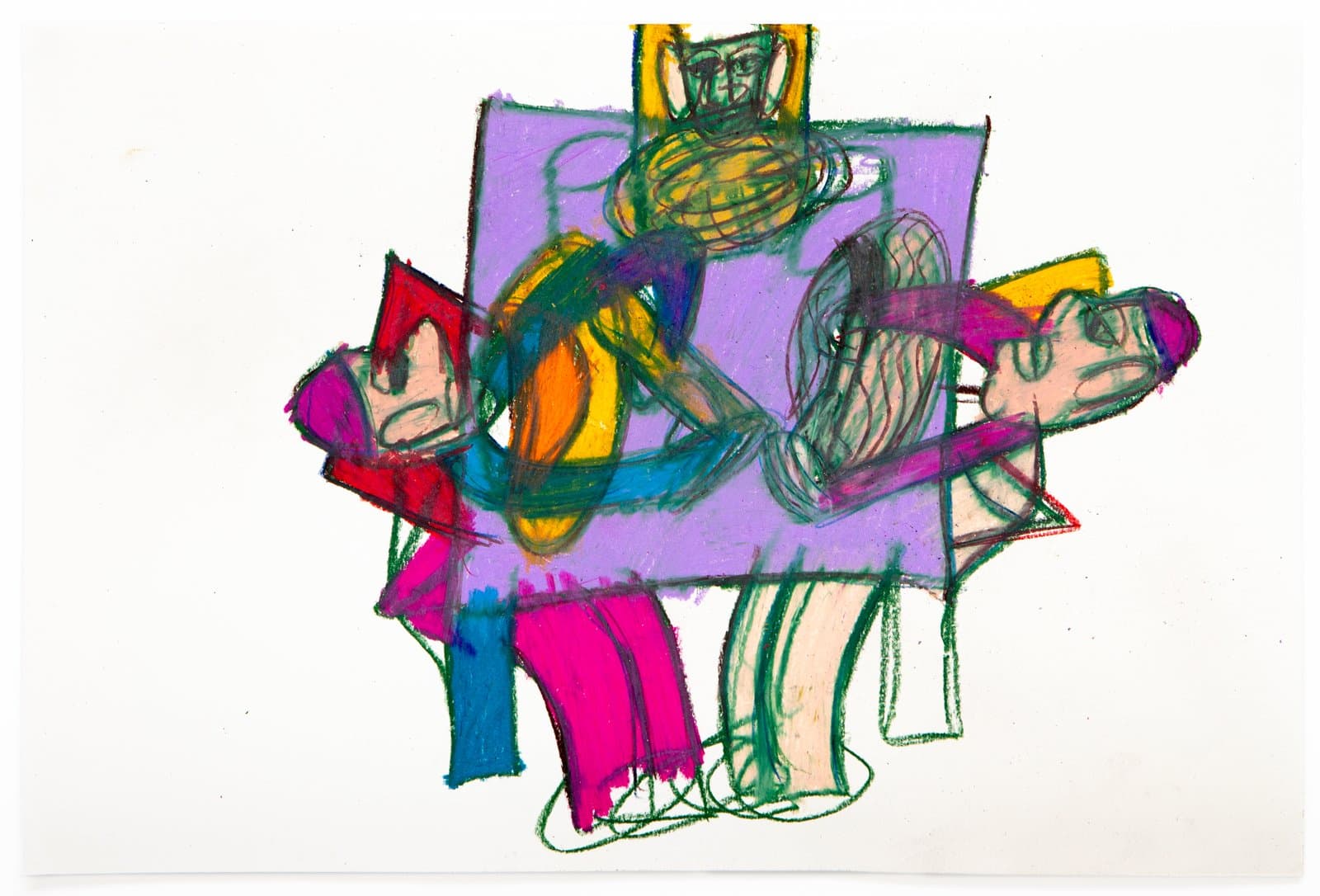 Pastel drawing of abstracted human figures in purple, magenta, teal, yellow, and orange on white paper.