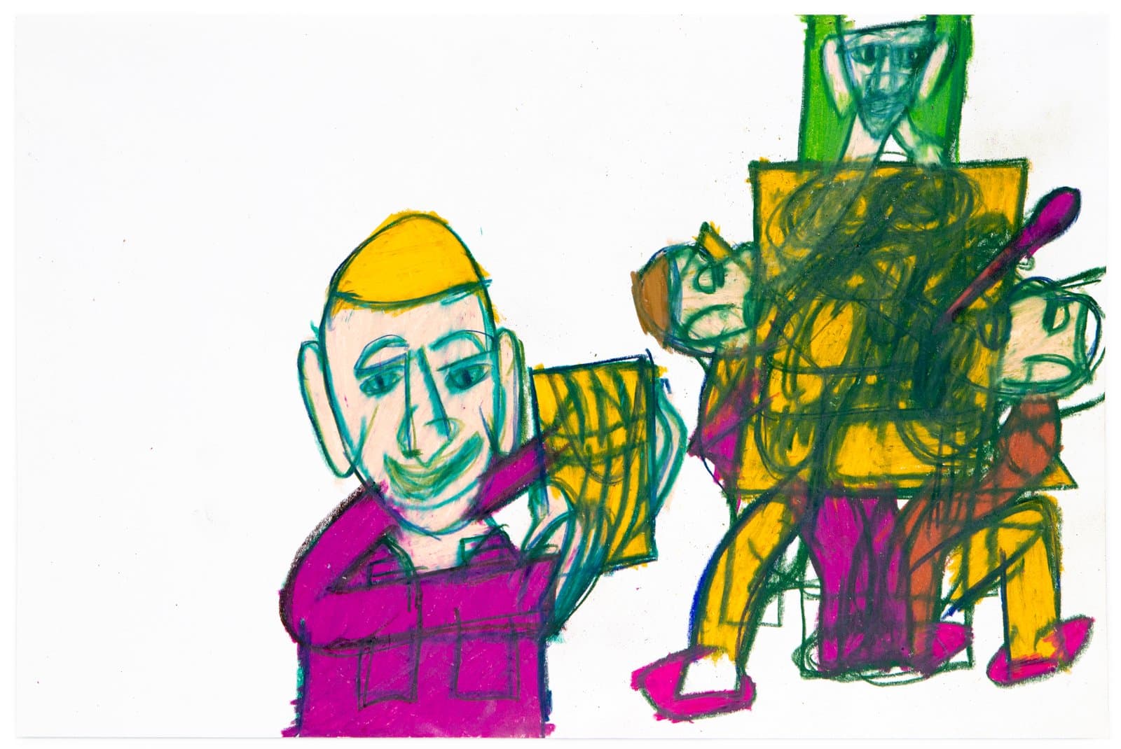 Pastel drawing of four figures in magenta, yellow, and green with loose, energetic linework on white paper.