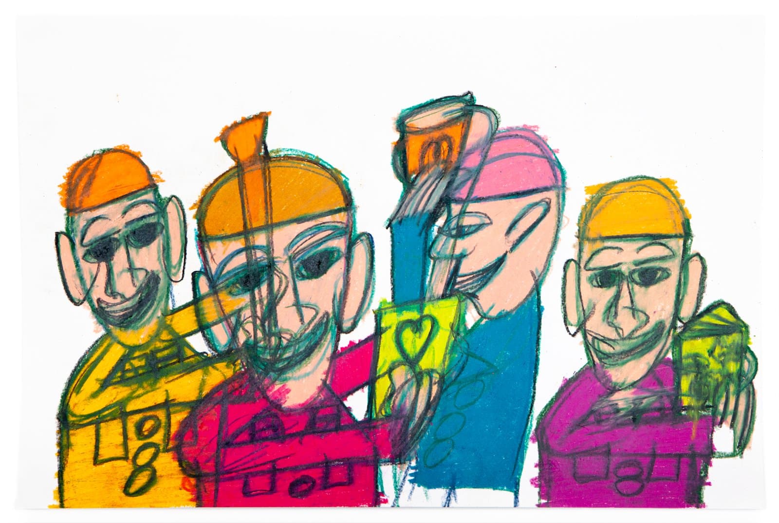 Pastel drawing of four stylized figures in bold yellow, magenta, blue, and purple on white paper.