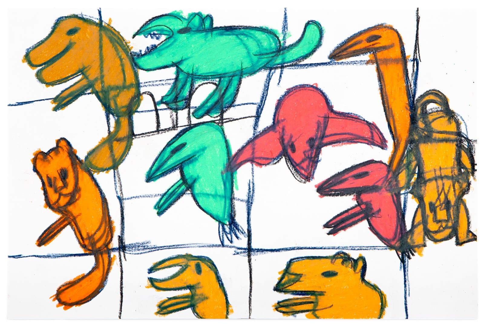 Pastel drawing of multiple animals including dinosaurs, birds, and bears in orange, green, red, and yellow on white paper.