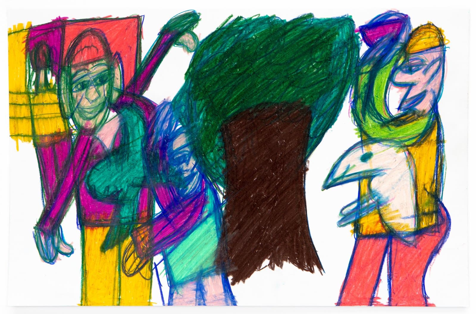 Pastel drawing of three expressive human figures in vivid green, magenta, yellow, and red on white paper.