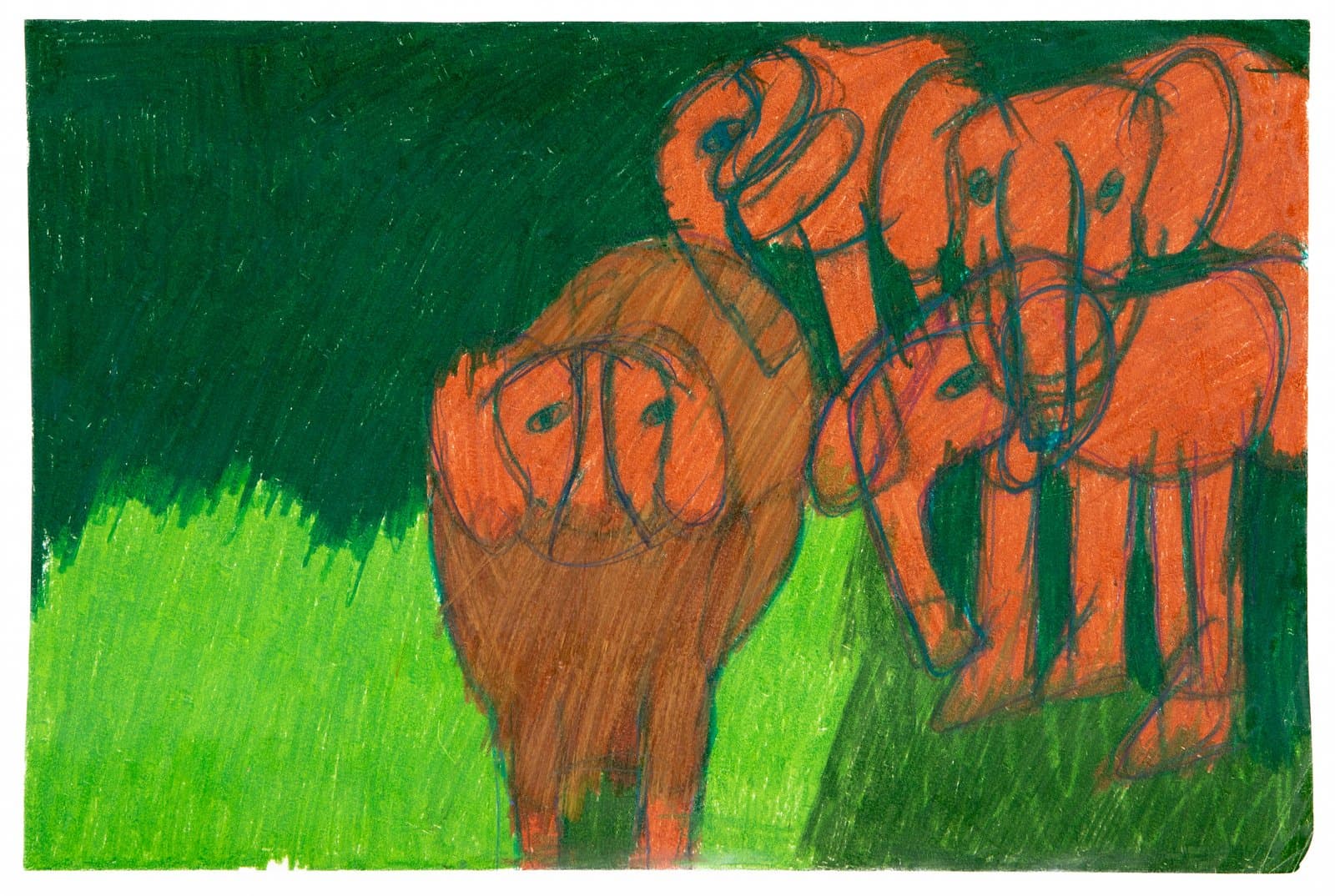 Pastel drawing of three orange-red elephants standing in bright green grass against a dark green background.