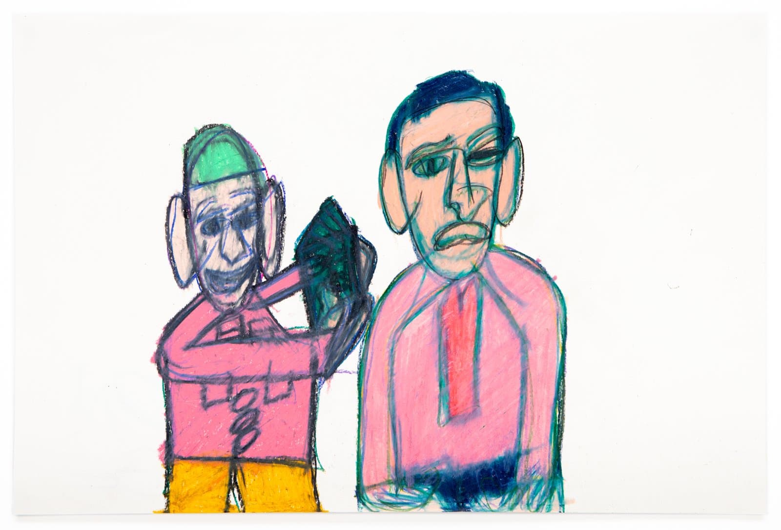 Pastel drawing of two standing figures in pink shirts on white paper, rendered in bold outlines with bright colors.