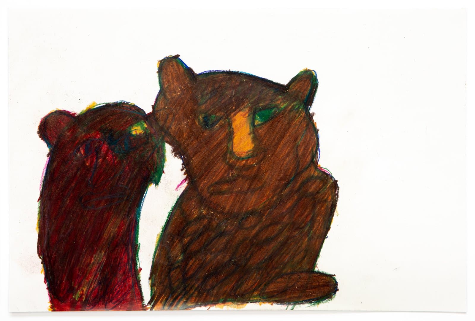 Pastel drawing of two bear-like figures on white paper, one brown and one dark red, with green eyes and orange facial features.