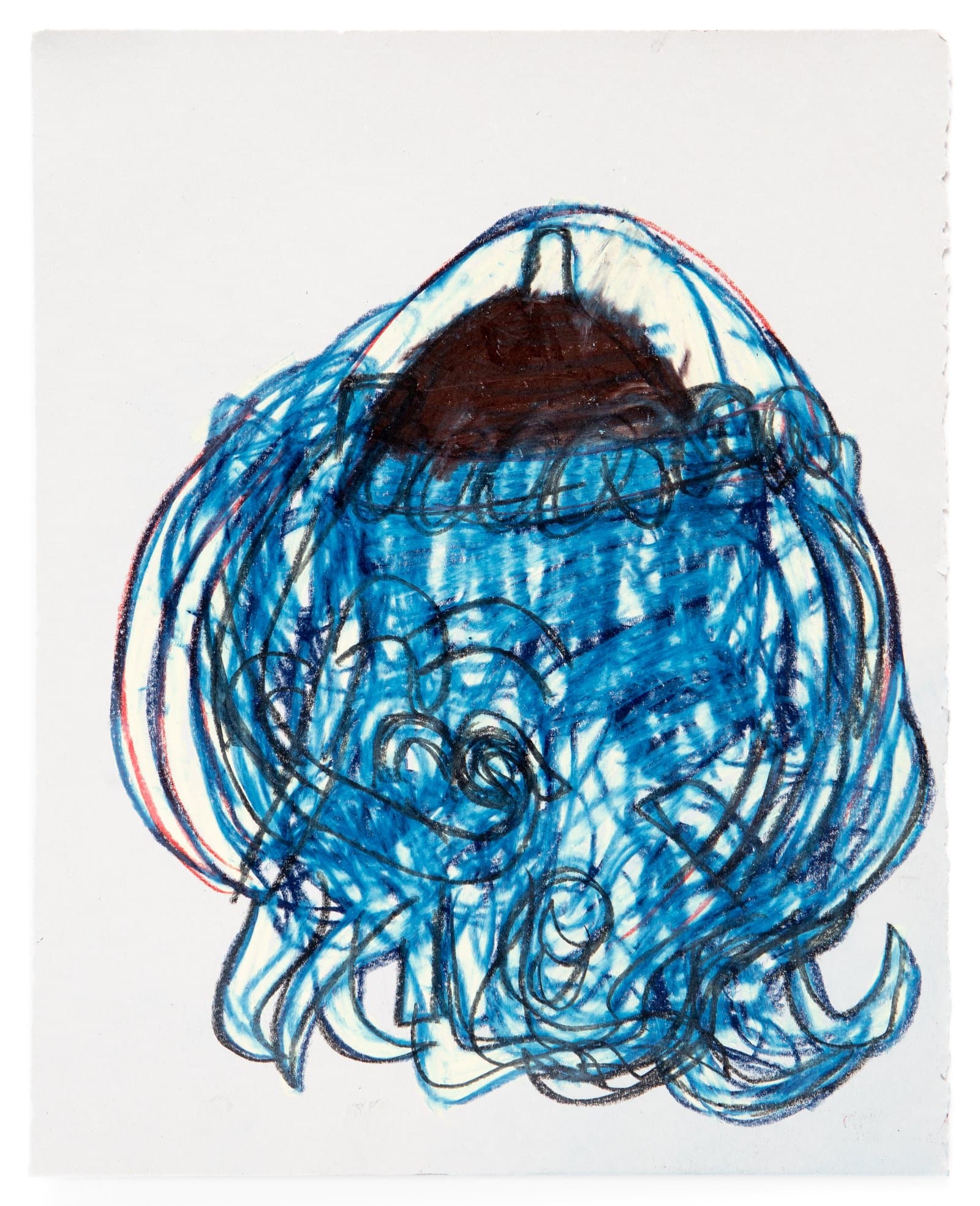 Pastel drawing of a rounded blue form with dark brown upper section and energetic swirling dark blue linework on white paper.