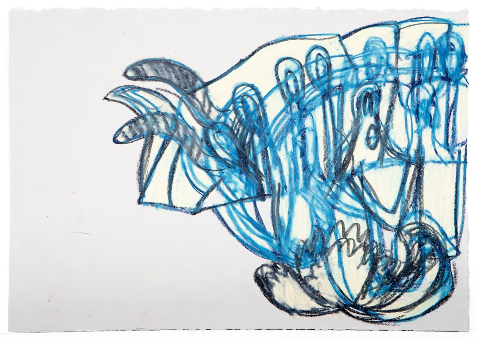 Abstract pastel drawing with energetic blue and dark gray looping lines and forms clustered toward the right on white paper.