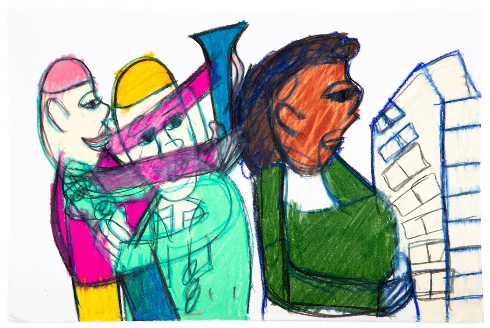 Pastel drawing of three overlapping figures in bright colors beside a building outline on white paper.