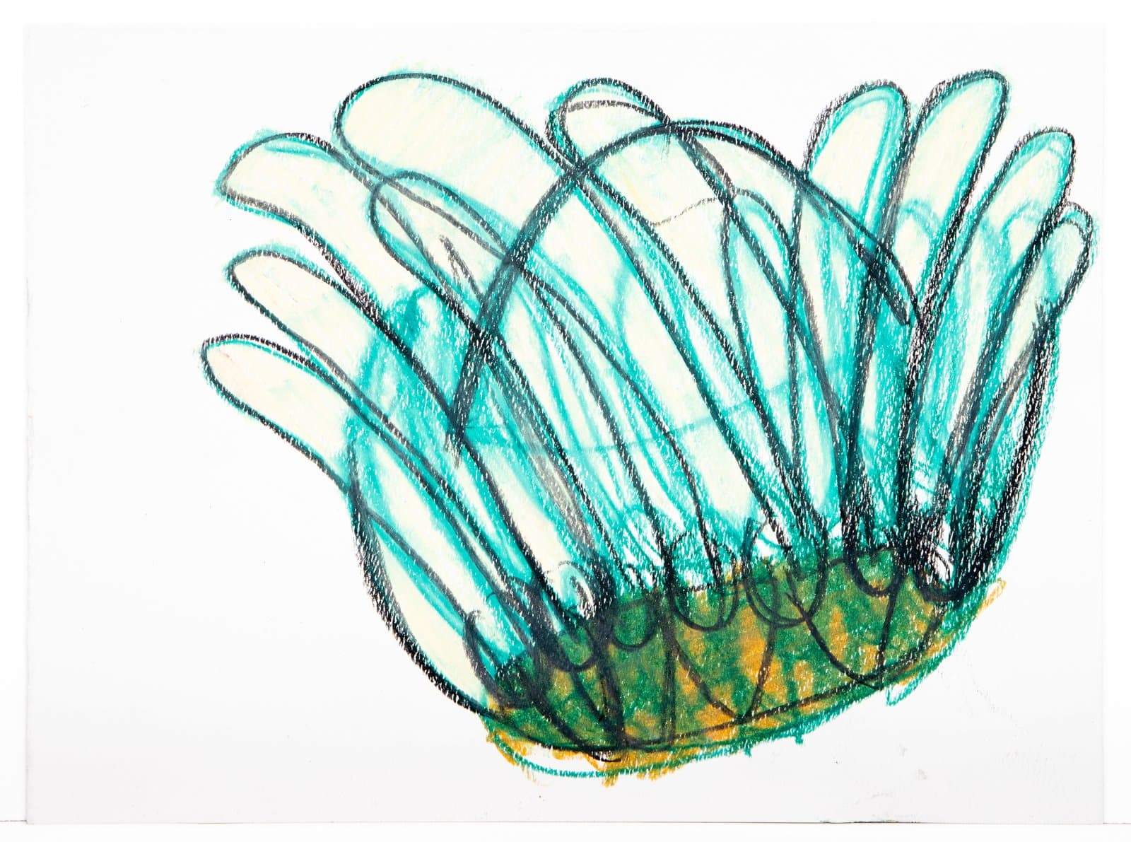 Pastel drawing of a rounded flower-like form with teal petals and an orange-yellow base on white paper.