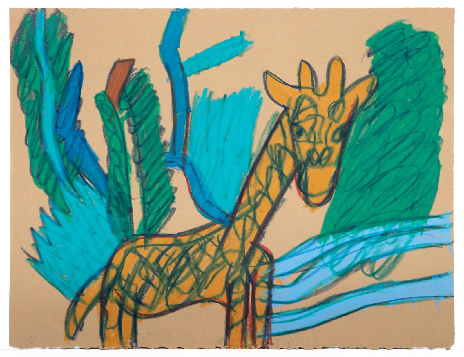 Pastel drawing of a yellow giraffe surrounded by green foliage and blue streaks on tan paper.
