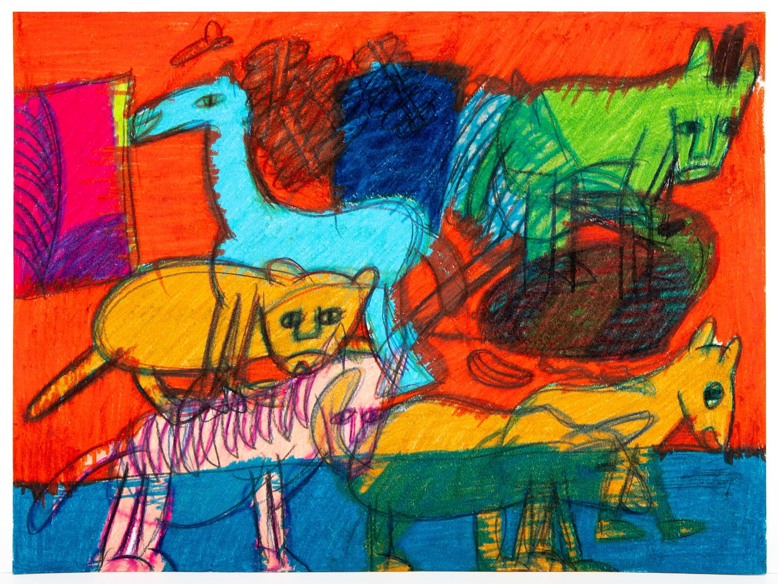 Pastel drawing of multiple animals in vivid colors on a red background with a blue ground plane.