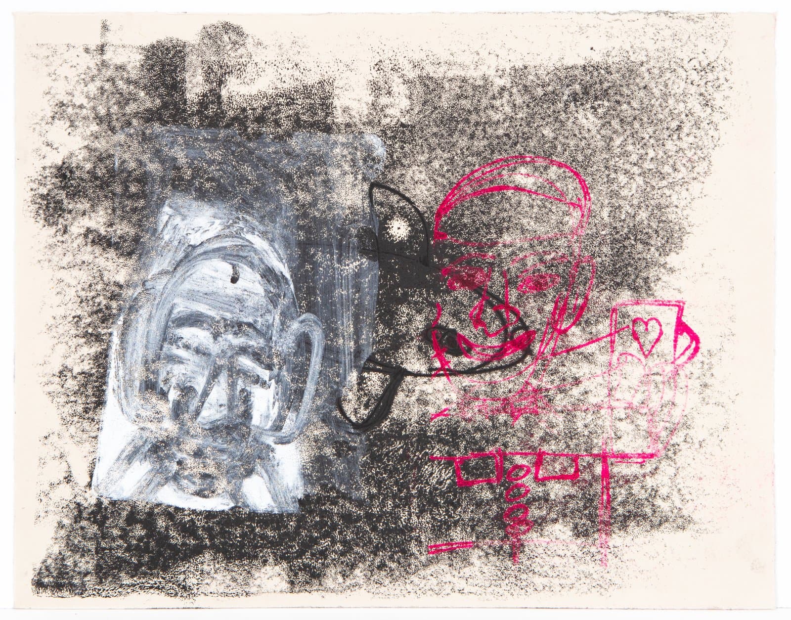 Mixed media work on paper with a gray painted face at left, black line figure at center, and magenta scrawled forms at right on charcoal background.