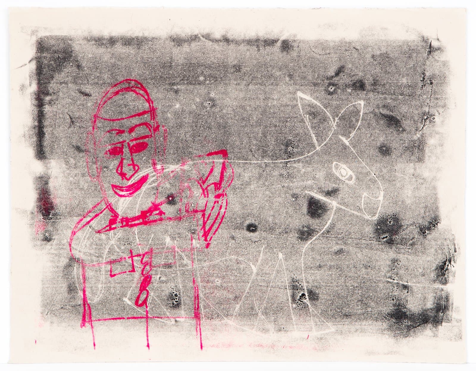 Monoprint with a pink figure of a person on the left and a white outline of an animal on the right, on a gray textured ground.