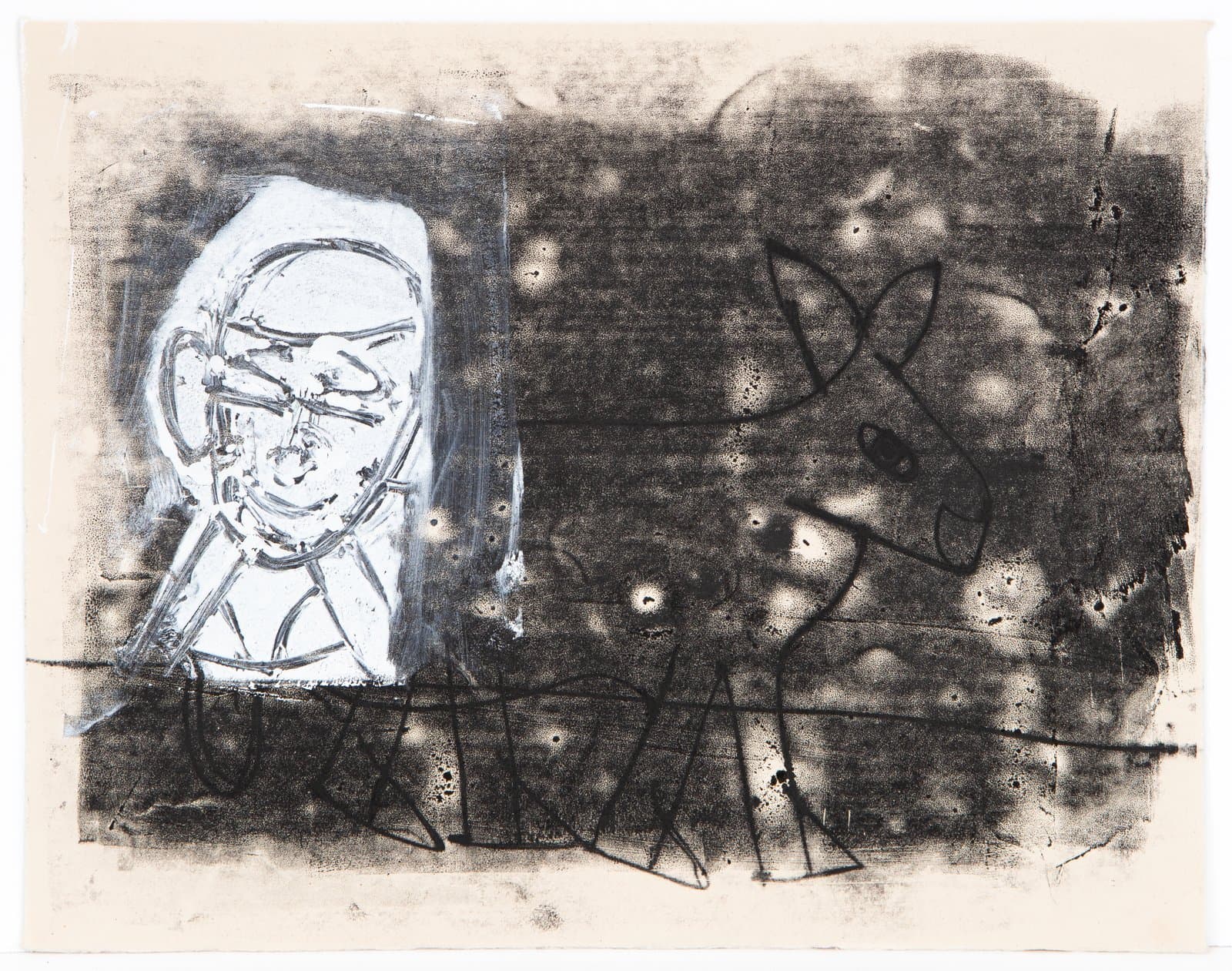 Mixed-media work on paper featuring a white human head at left and a dark animal figure at right on a charcoal-black ground.