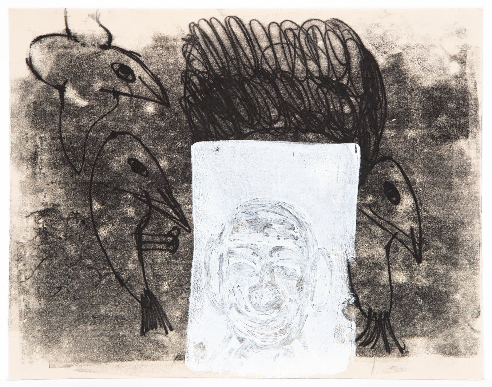 Mixed-media drawing with two bird figures flanking a central white rectangle containing a face, on gray smudged paper.