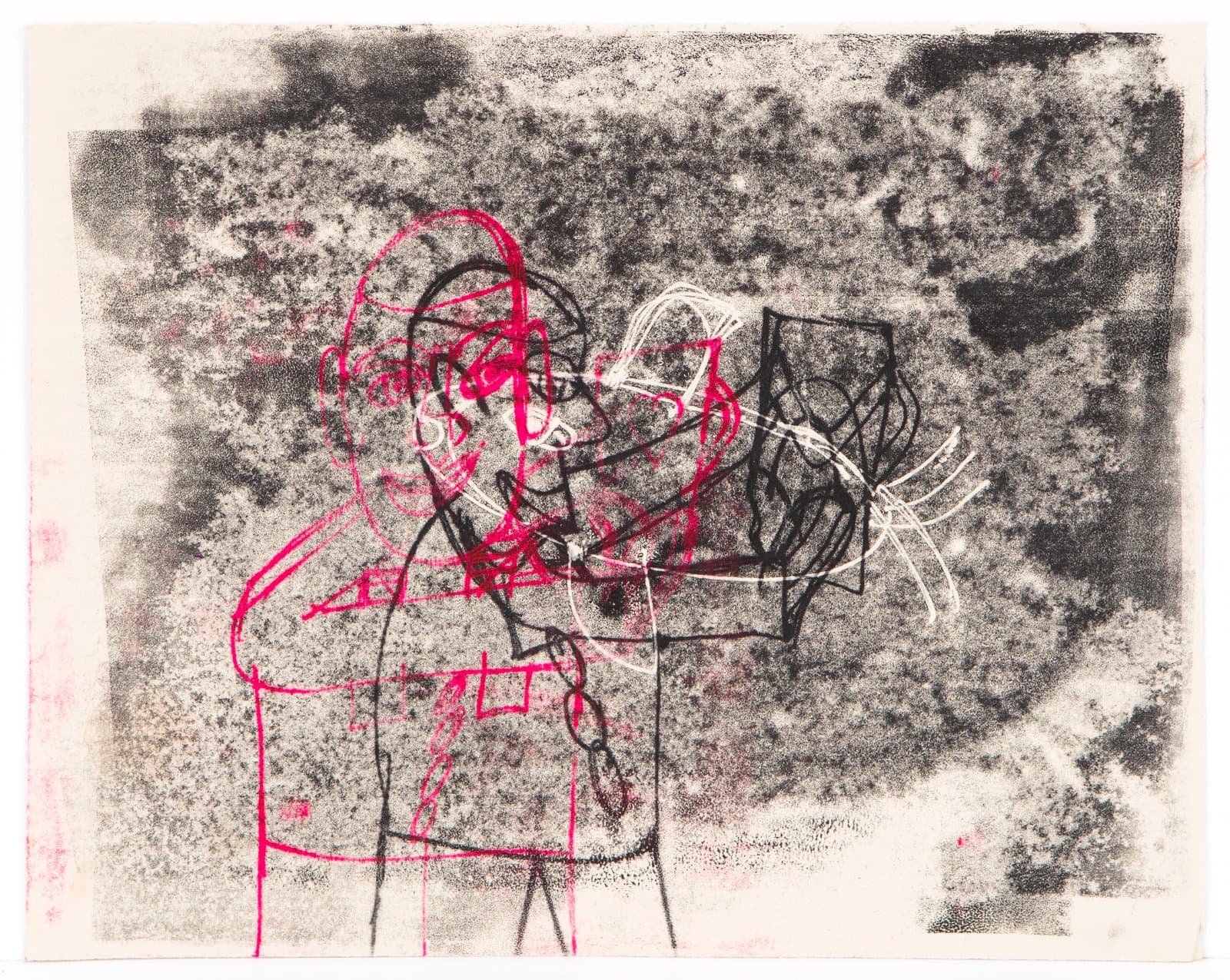 Mixed-media drawing of a figure in black and pink linework over a mottled gray charcoal or graphite background on white paper.