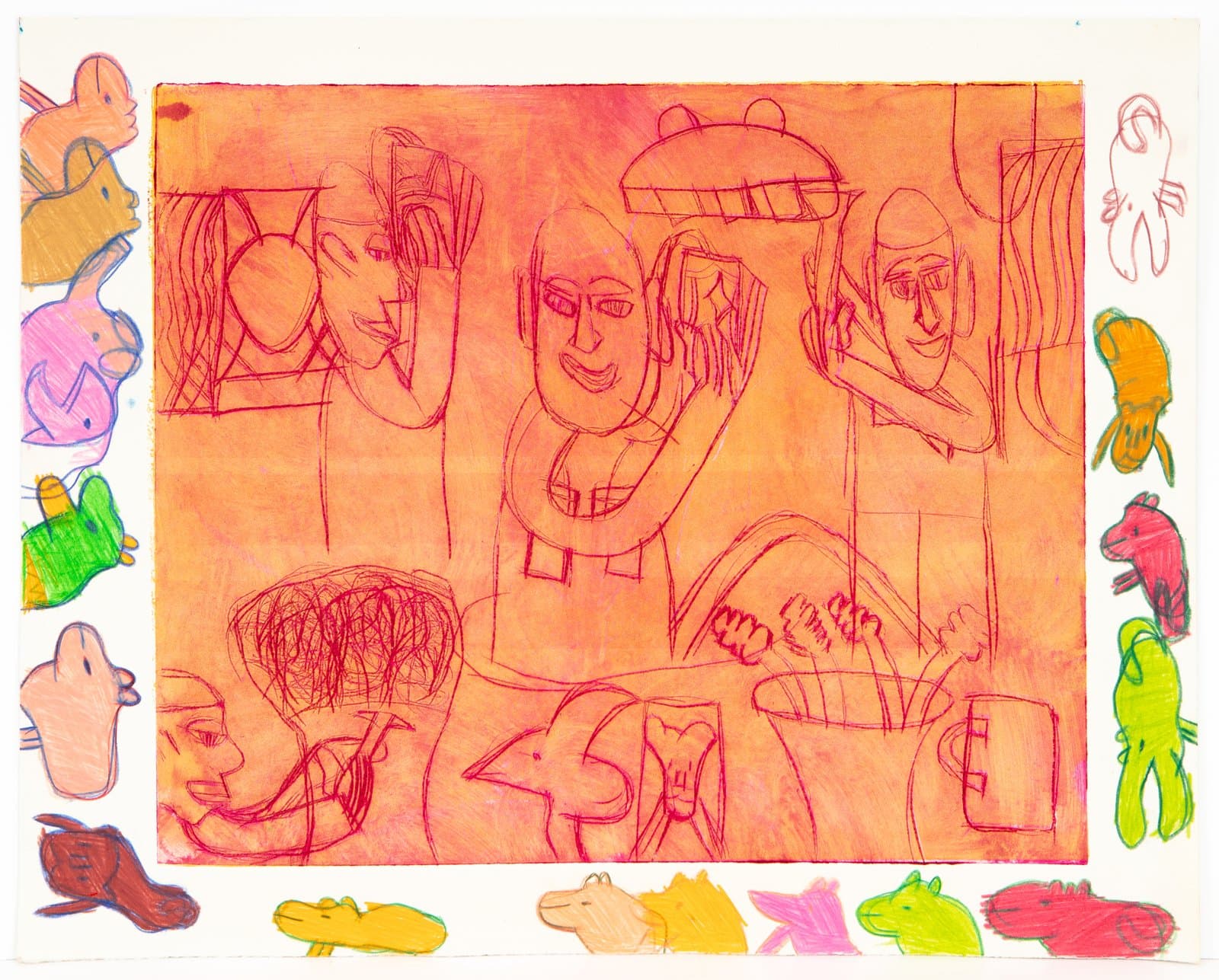Mixed media drawing with human figures on an orange-red wash background, bordered by small colorful animal sketches.
