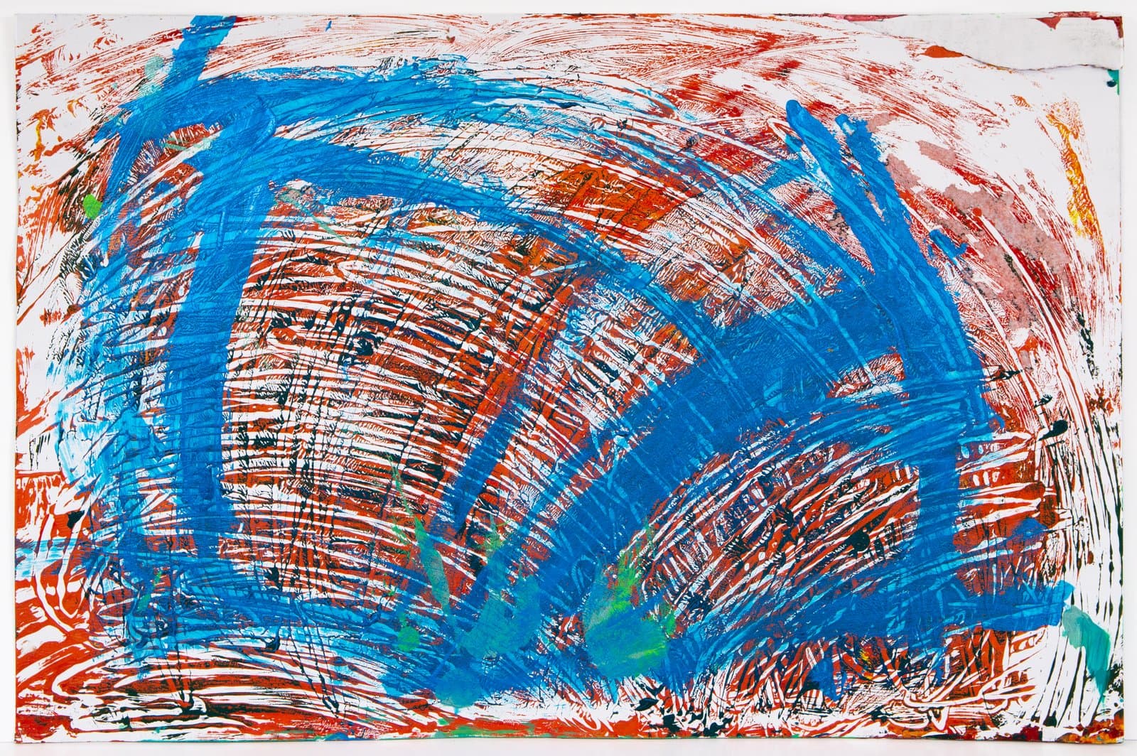 Abstract acrylic painting with sweeping blue arcs over dense red-orange brushstrokes on white paper.