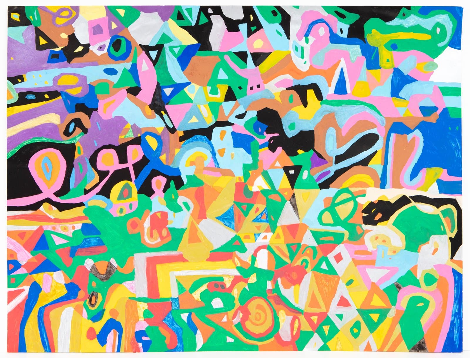 Large-scale abstract acrylic painting on paper densely packed with geometric shapes and looping forms in vivid colors.