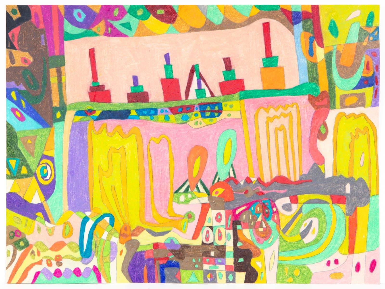 Densely layered colored pencil drawing with bold curvilinear forms, geometric shapes, and vivid hues across the full composition.