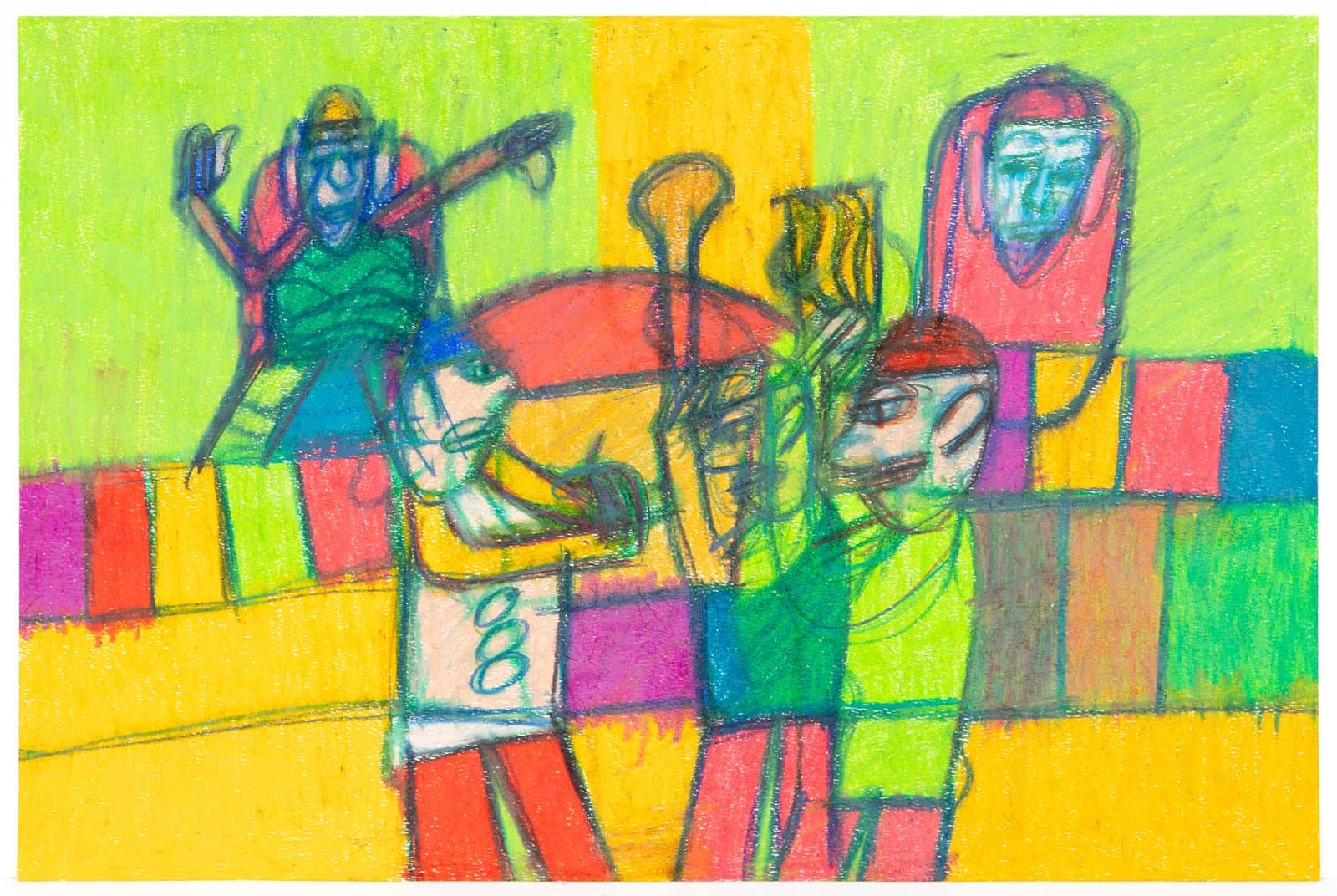 Pastel drawing of four stylized human figures amid a bright grid of green, yellow, orange, red, and pink rectangles.