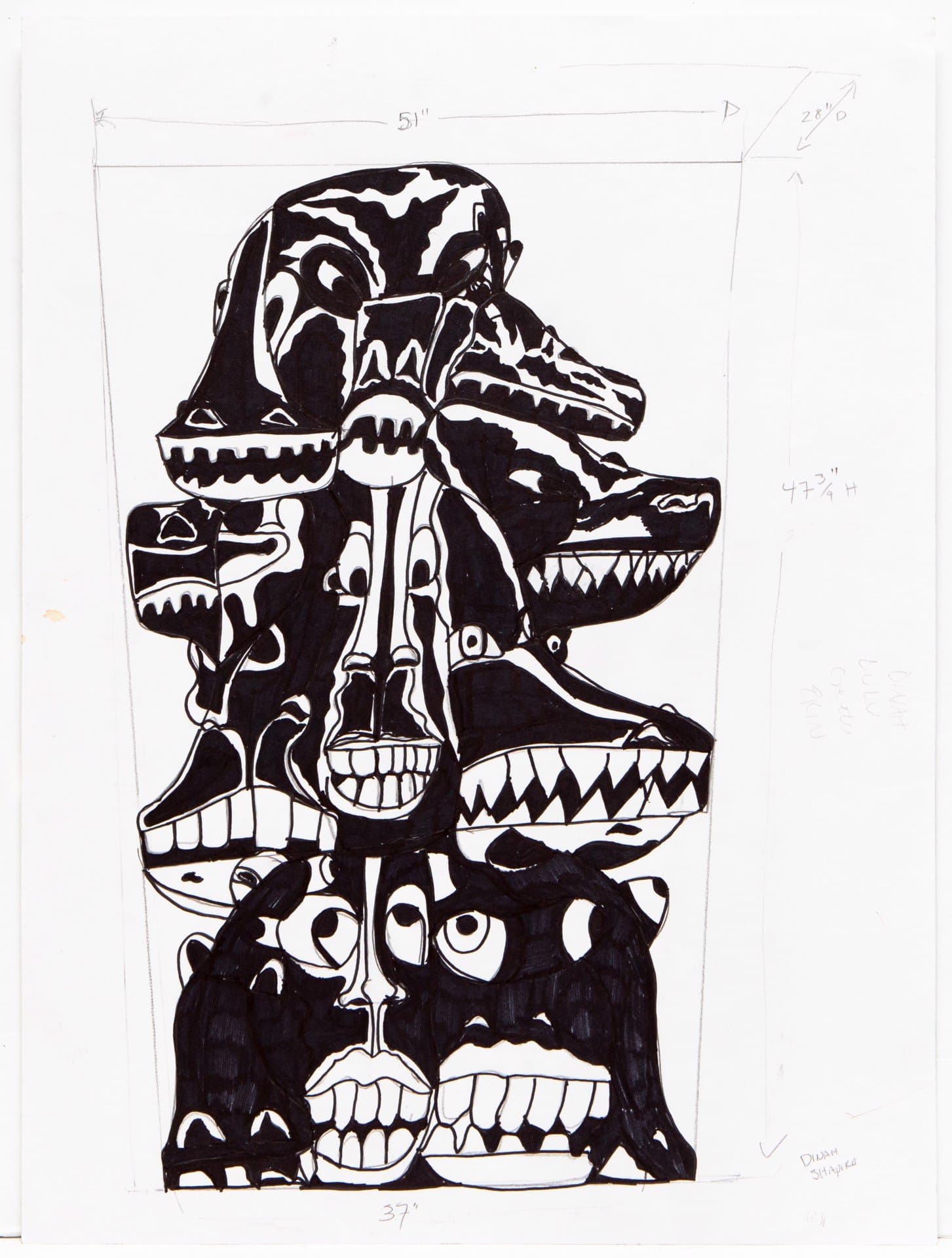 Black ink drawing on white paper depicting a vertical stack of stylized animal and monster heads with prominent teeth.