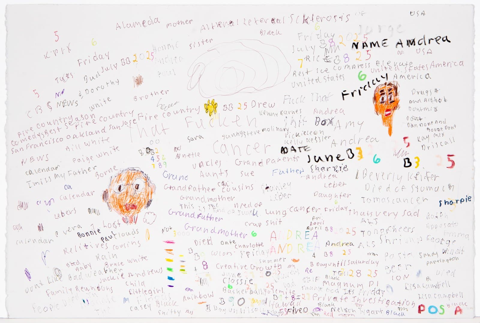 Dense mixed-media work on paper covered in multicolored handwritten words, numbers, and two orange crayon face drawings.