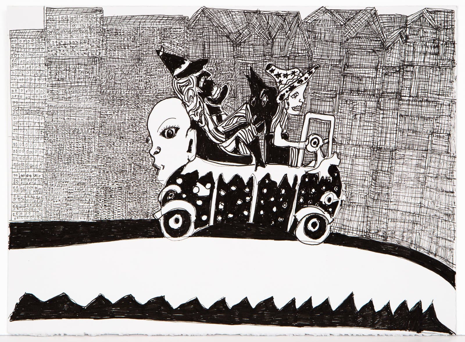 Black and white ink drawing of a large-headed figure riding a spotted car with passengers through a densely crosshatched cityscape.