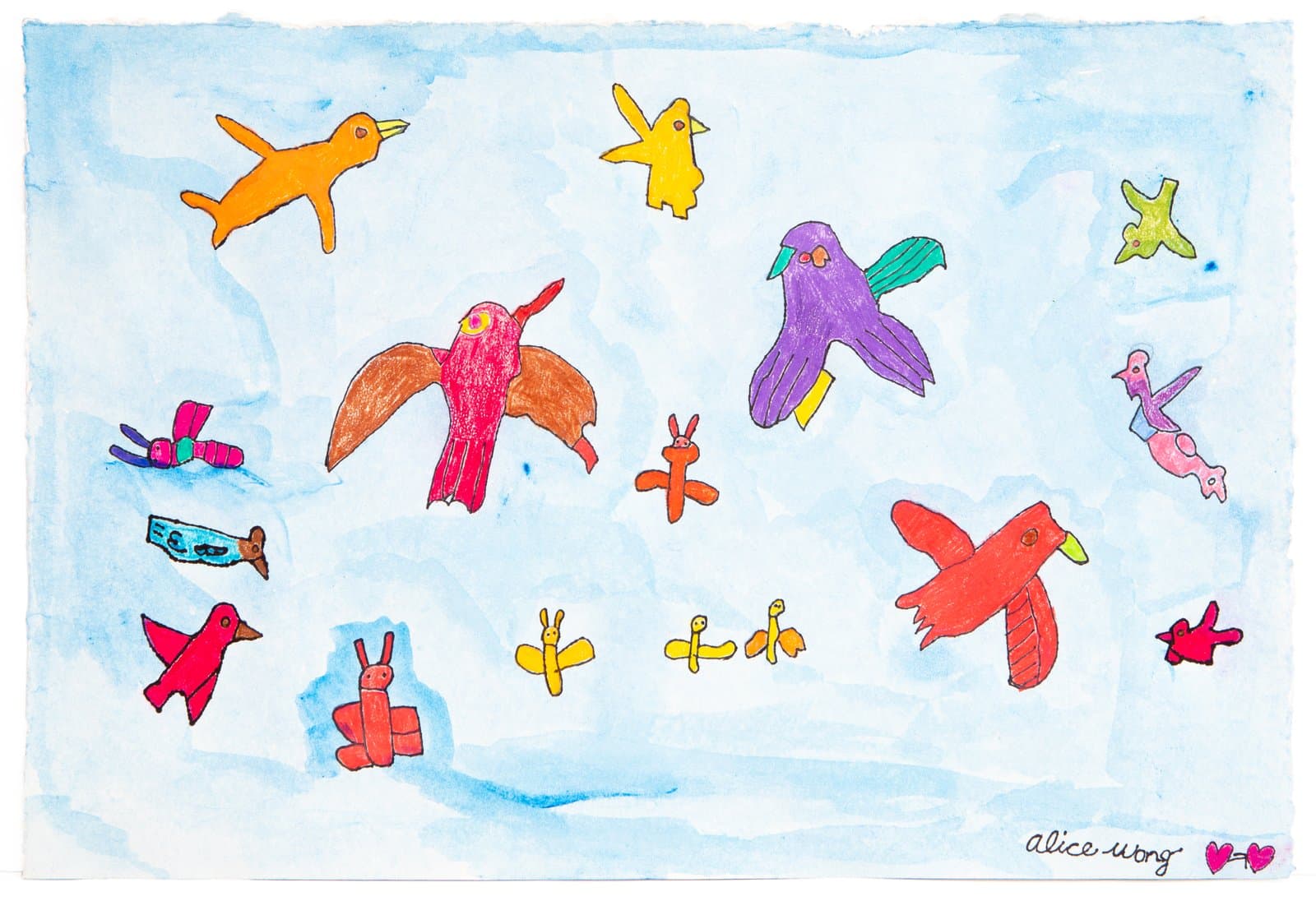 Watercolor and colored pencil drawing of multiple colorful birds and small creatures scattered across a light blue background.