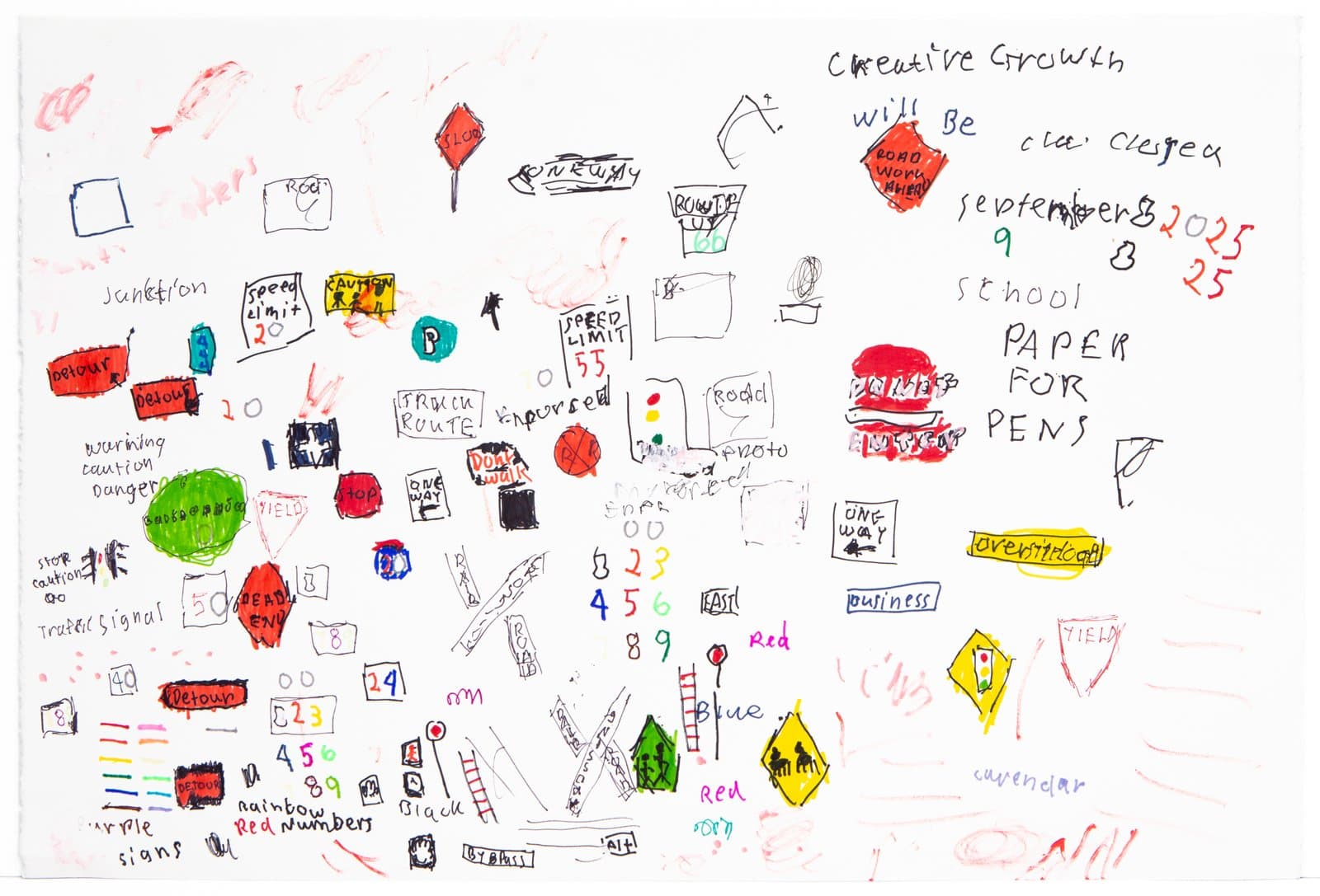 Dense ink drawing on white paper filled with road signs, text, numbers, and small illustrated symbols in multiple colors.