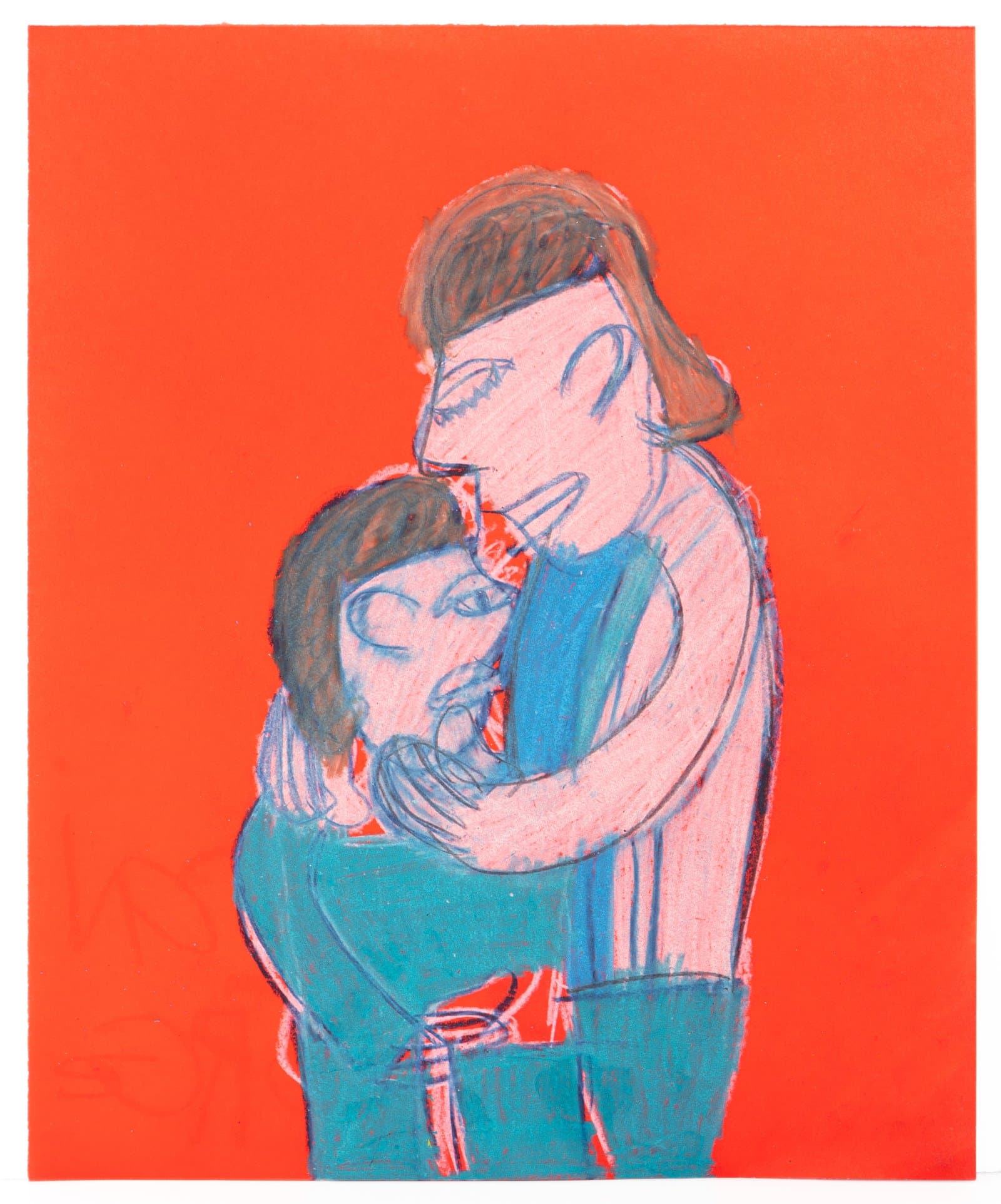 Colored pencil drawing of two figures embracing, rendered in pink and teal against a vivid red-orange background.
