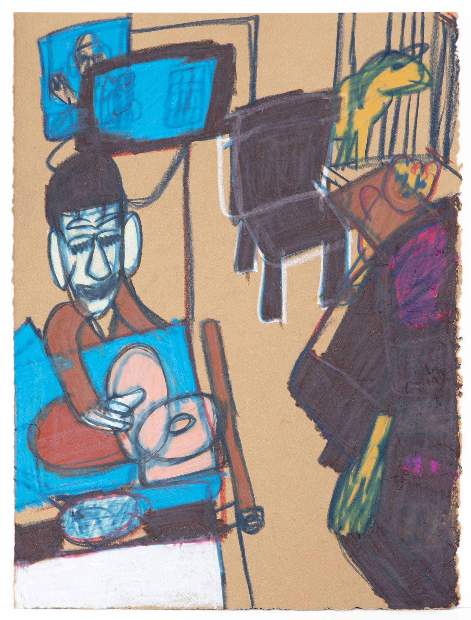 Figurative drawing in Prismacolor on tan paper showing a seated figure at a desk with a monitor above and a yellow animal at right.