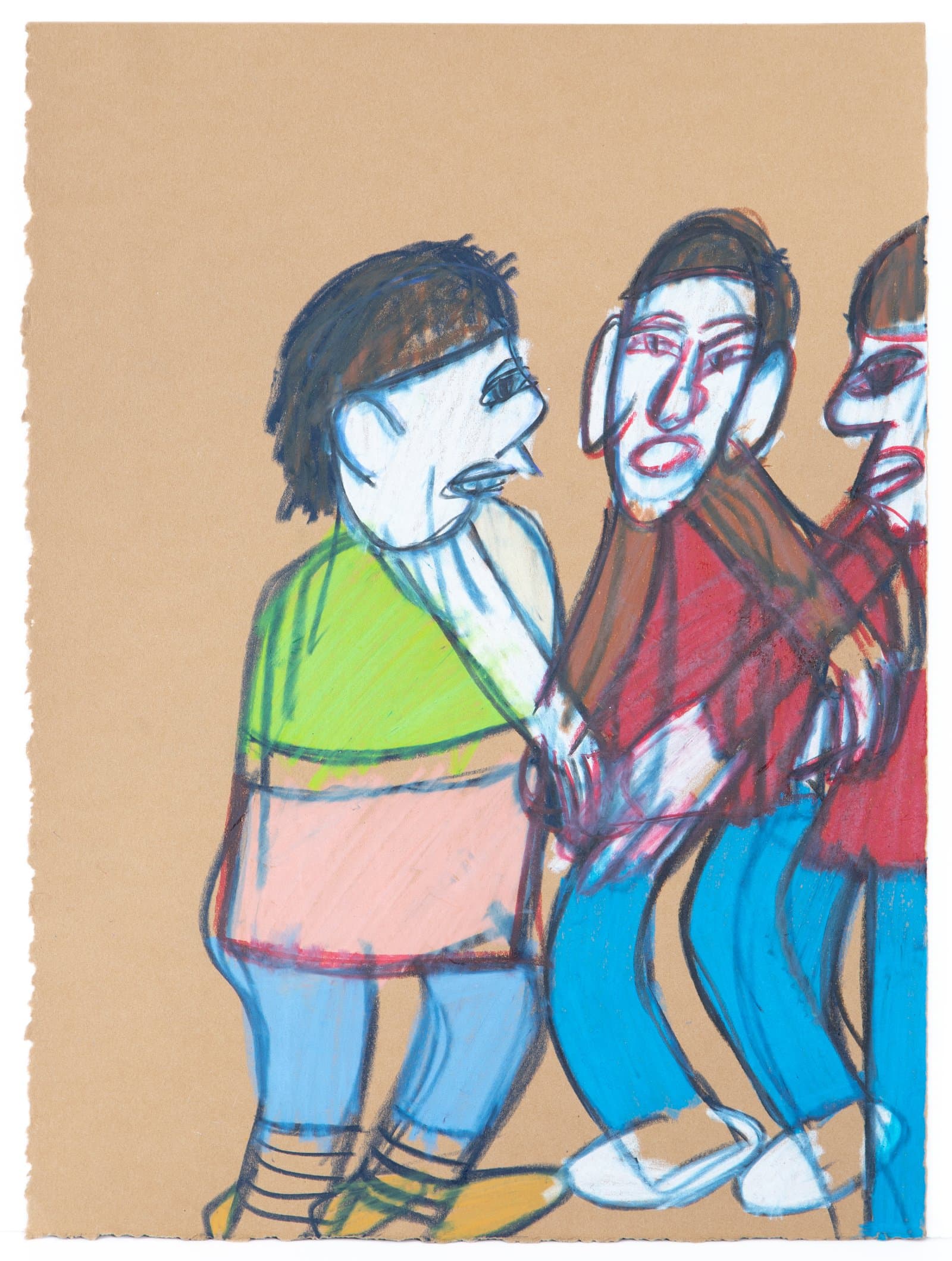 Pastel drawing of three figures in bright clothing on tan paper, rendered with bold outlines and expressive faces.