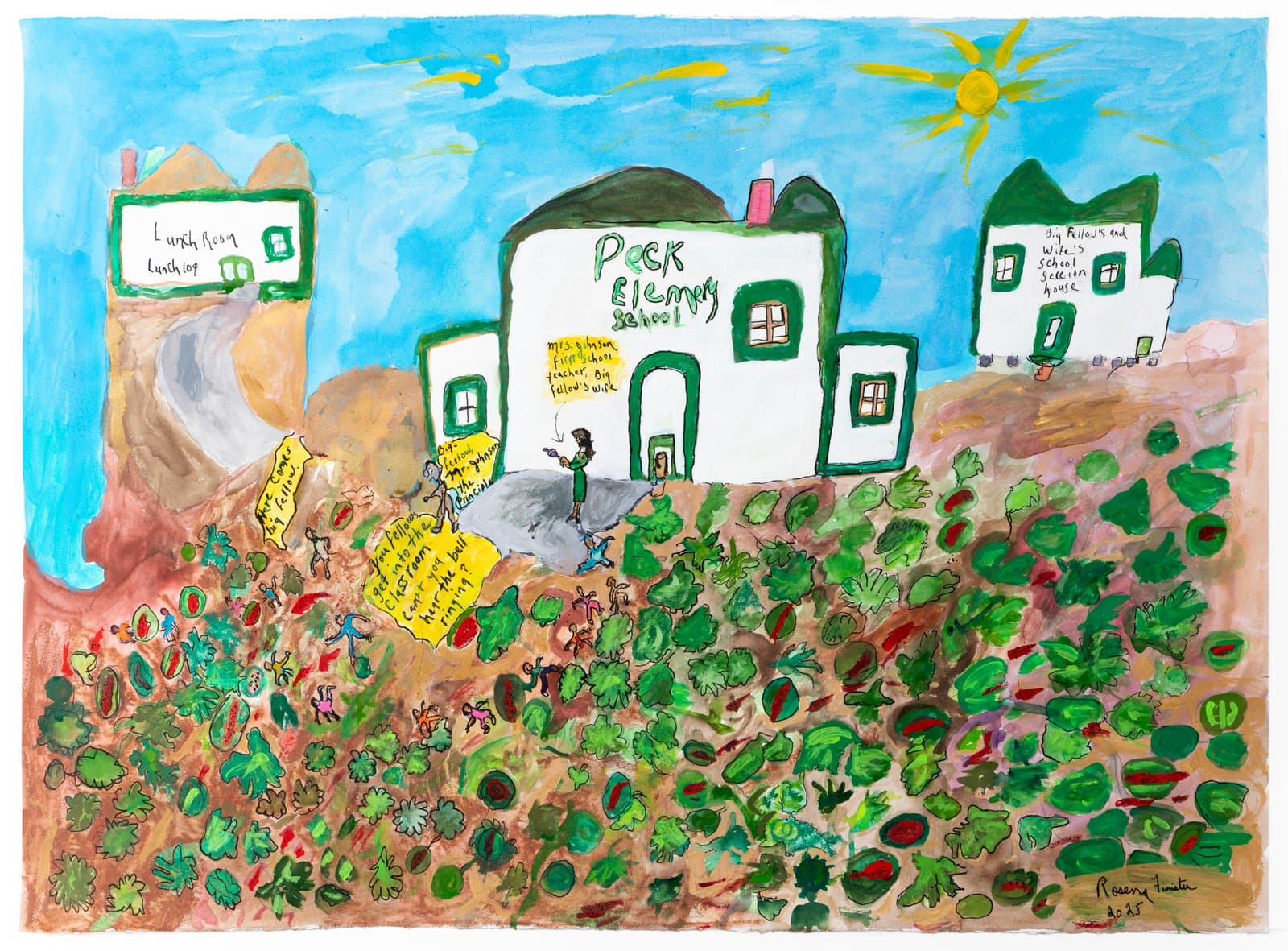 Mixed media painting of a white school building labeled 'Peck Elementary School' surrounded by lush green foliage and small figures.