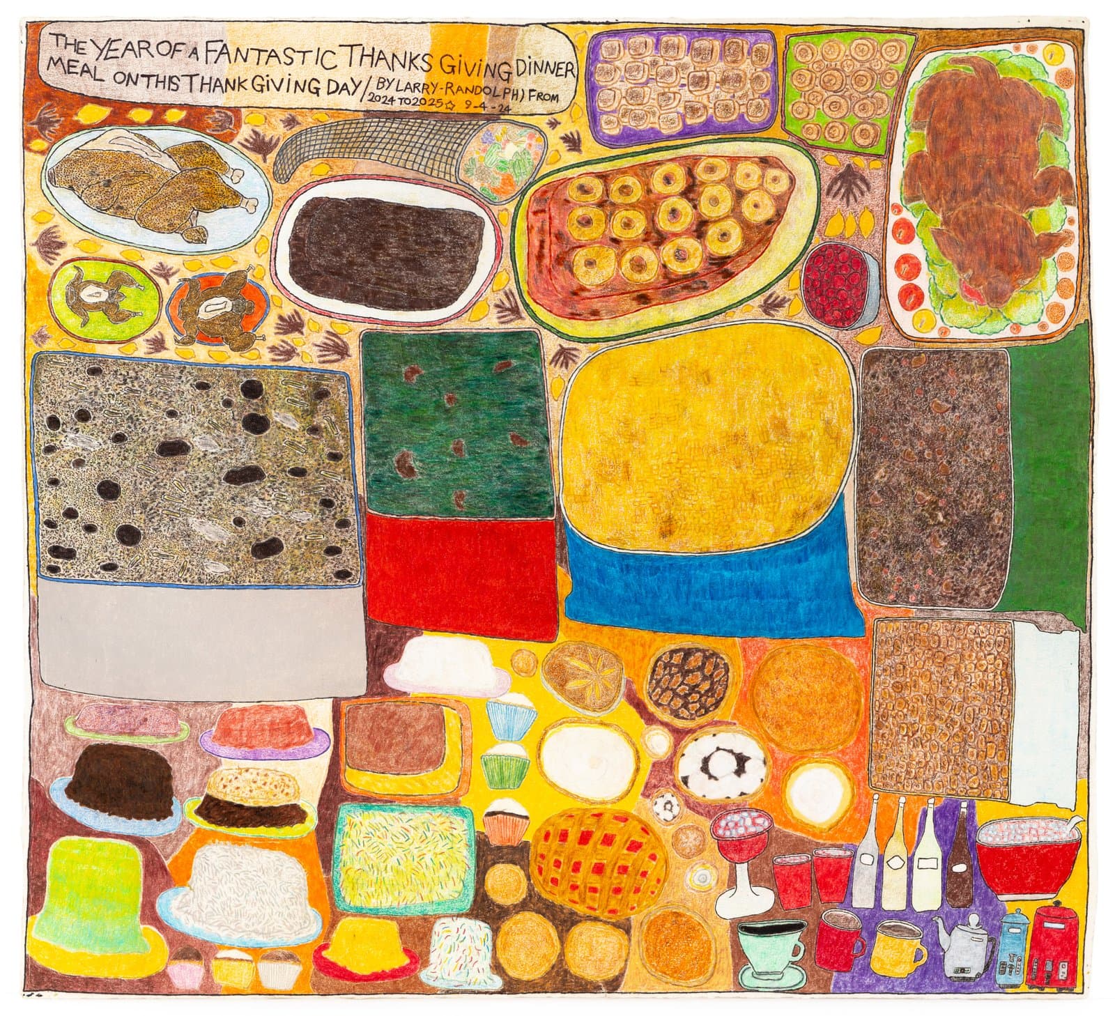 Dense color pencil drawing of a Thanksgiving feast spread with dozens of dishes, platters, and drinks on a yellow background.