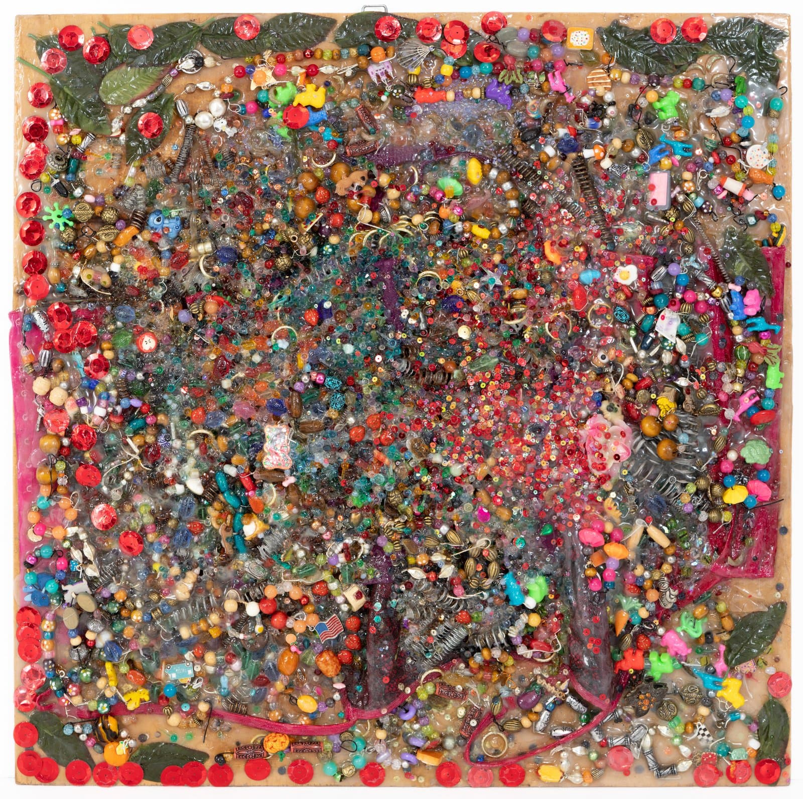 Dense mixed-media assemblage on wood panel covered with multicolored beads, found objects, and resin, bordered by red buttons and green leaves.