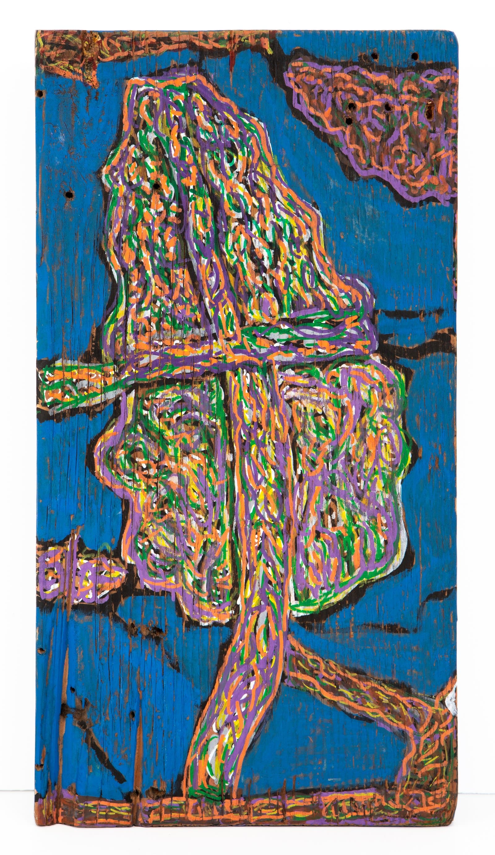 Abstract ink painting on reclaimed wood with dense interlocking curvilinear forms in purple, orange, green, and yellow on blue.