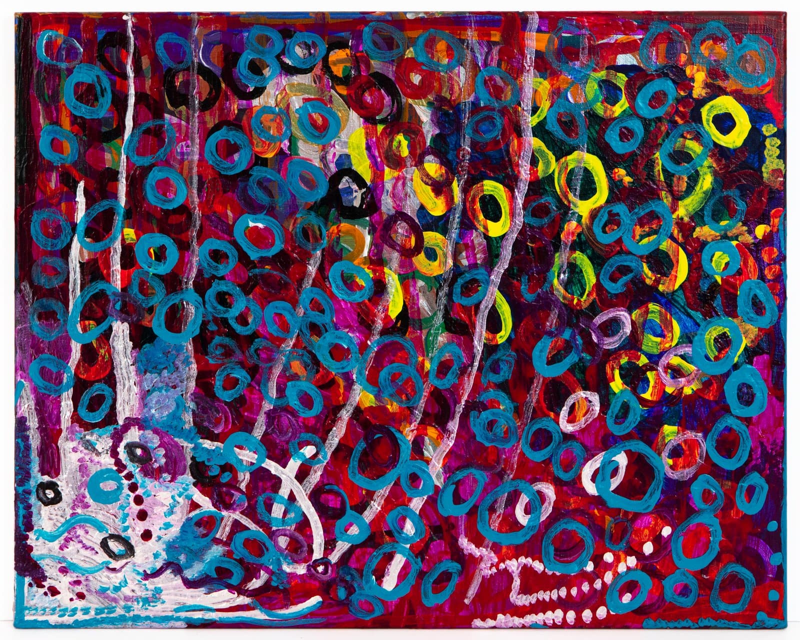Abstract acrylic painting densely filled with cyan ring shapes over a vivid red and magenta background with white linear marks.