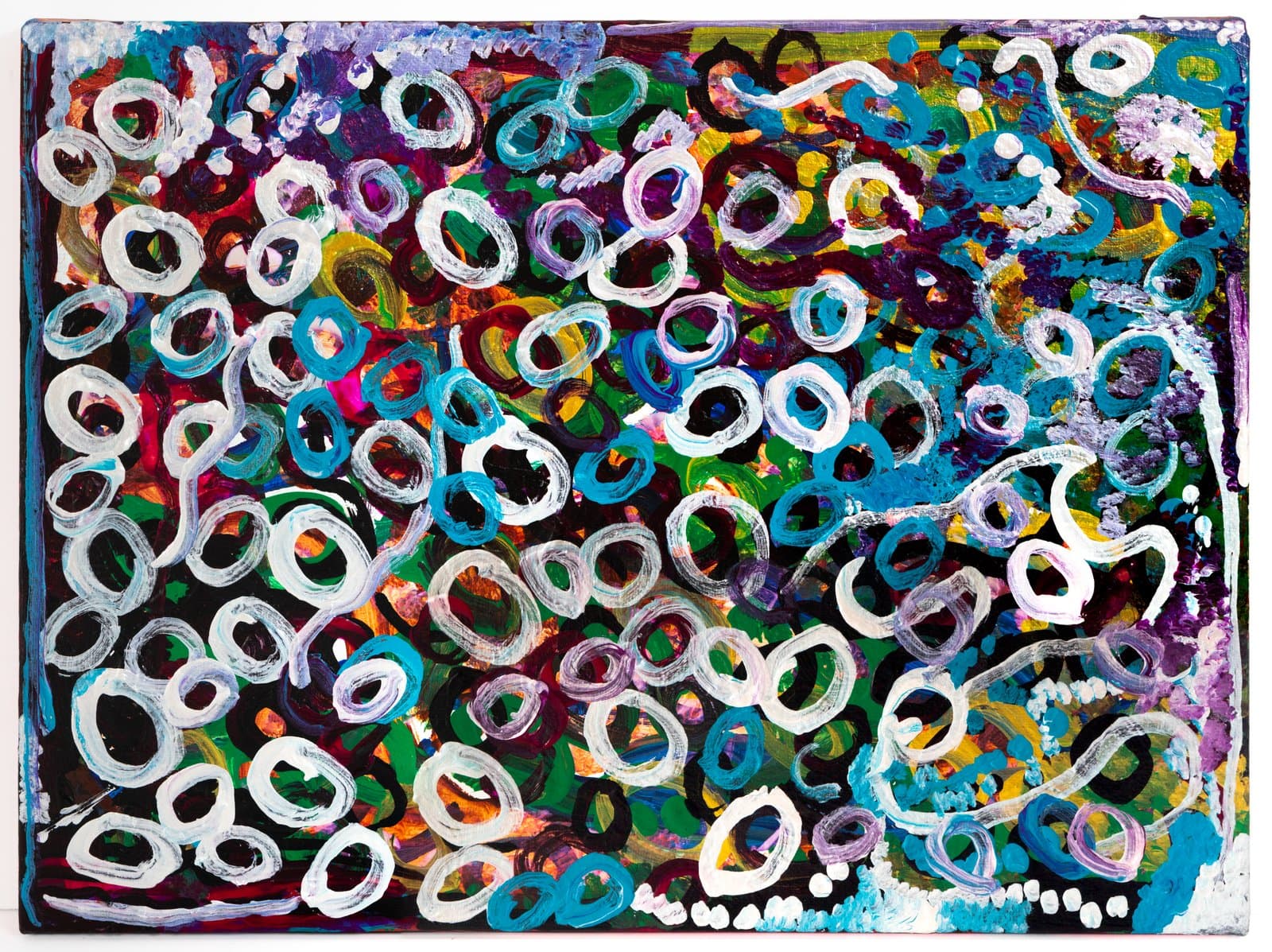 Abstract acrylic painting densely filled with overlapping oval and loop forms in white, teal, and lavender on a dark multicolor background.