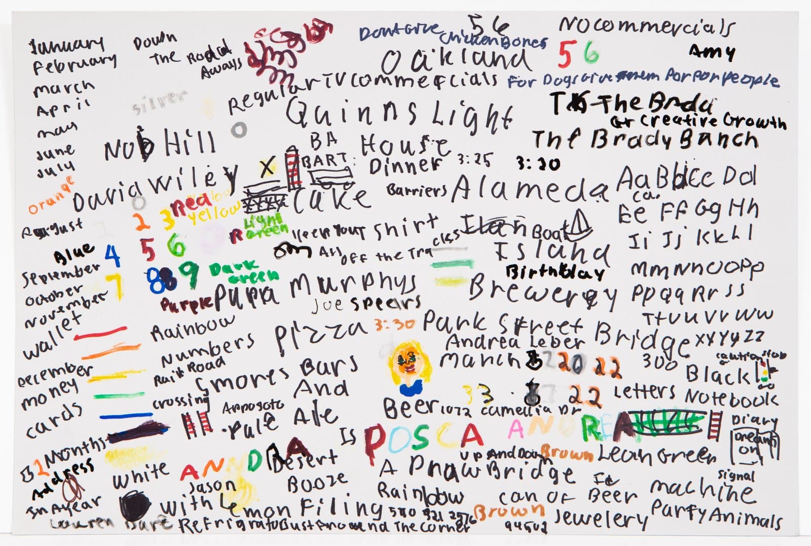 Dense text-based drawing in ink and acrylic marker covering white paper with words, numbers, and colored lines in multiple hues.