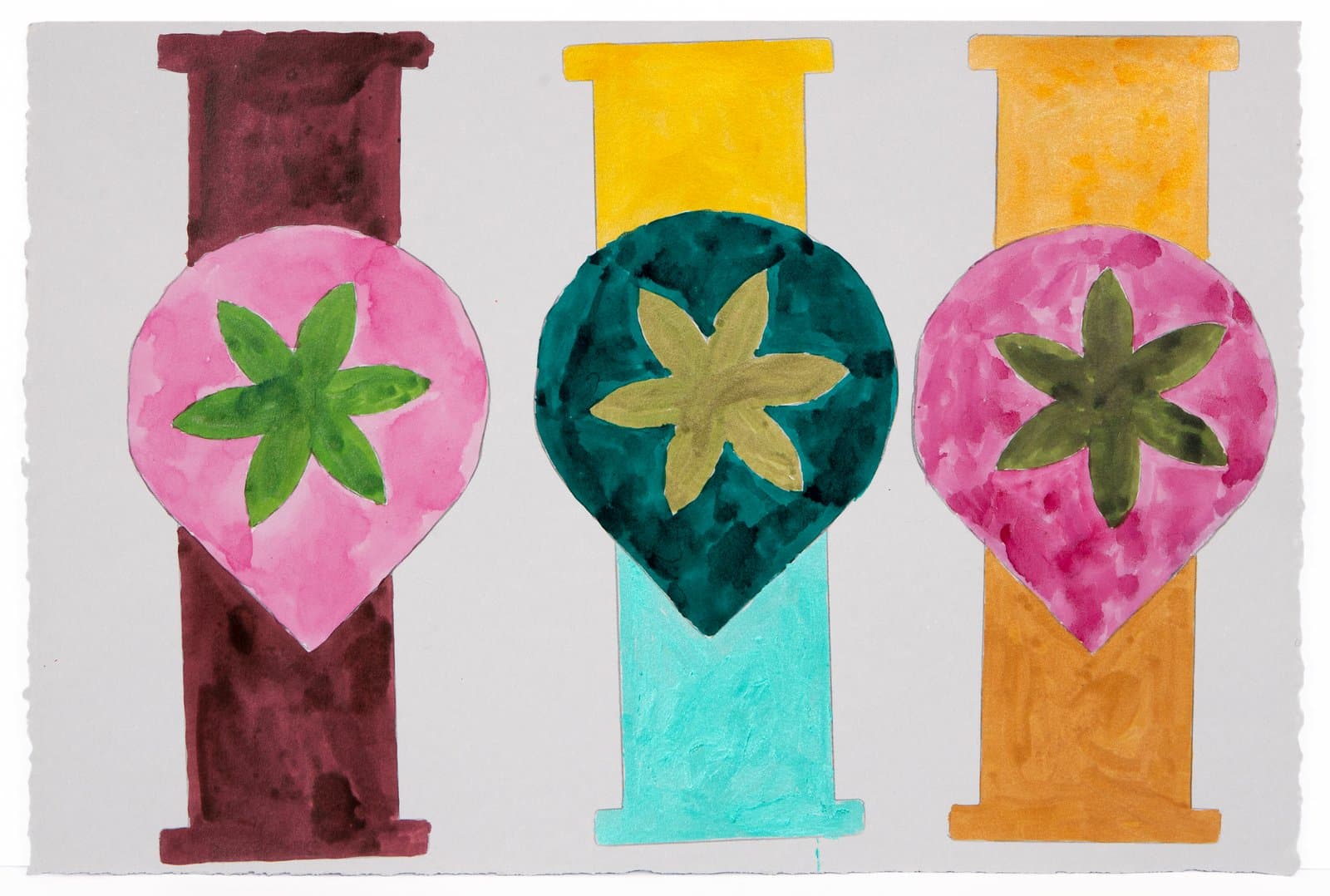 Watercolor painting of three decorative lamp or vase forms, each with a round bulb and vertical stem in bold colors.